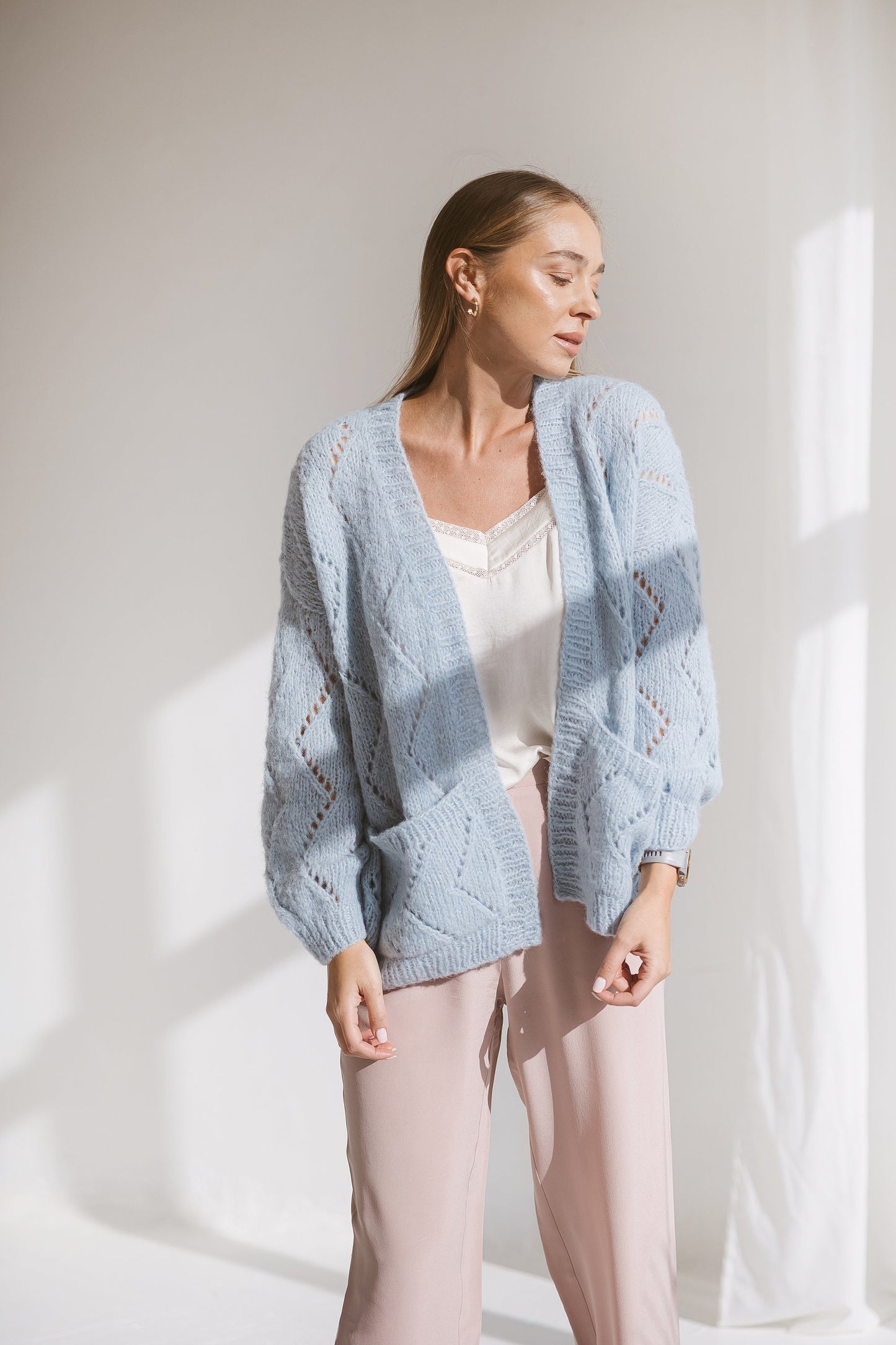 Light blue cable knit alpaca cardigan, sky blue knitted oversize sweater, balloon sleeves, pastel lightweight boho loose cardigan for women
