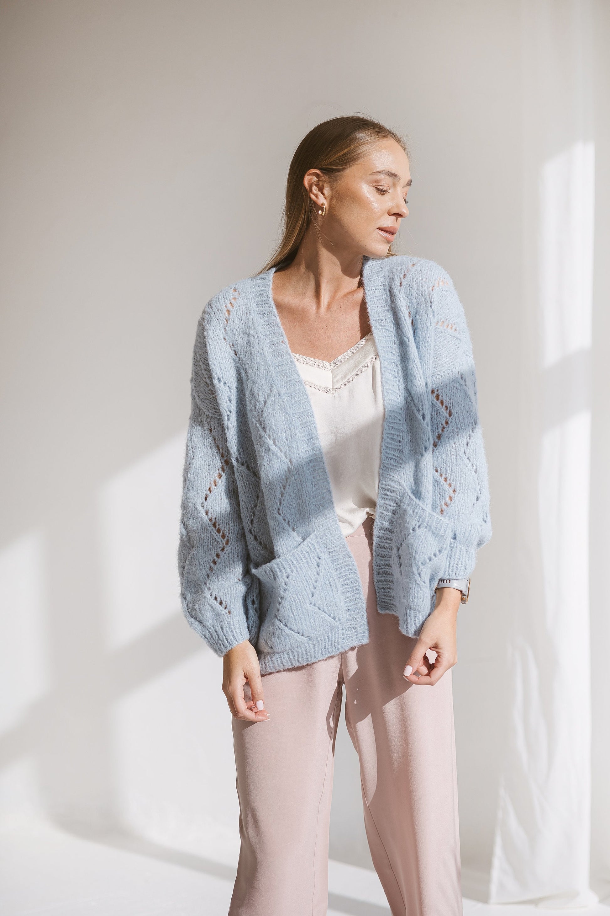 Light blue cable knit alpaca cardigan, sky blue knitted oversize sweater, balloon sleeves, pastel lightweight boho loose cardigan for women