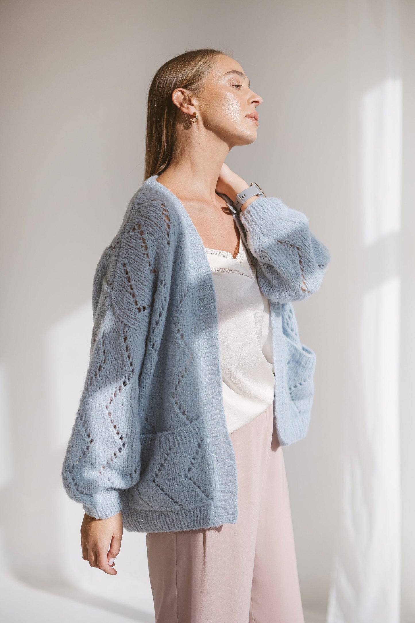 Light blue cable knit alpaca cardigan, sky blue knitted oversize sweater, balloon sleeves, pastel lightweight boho loose cardigan for women