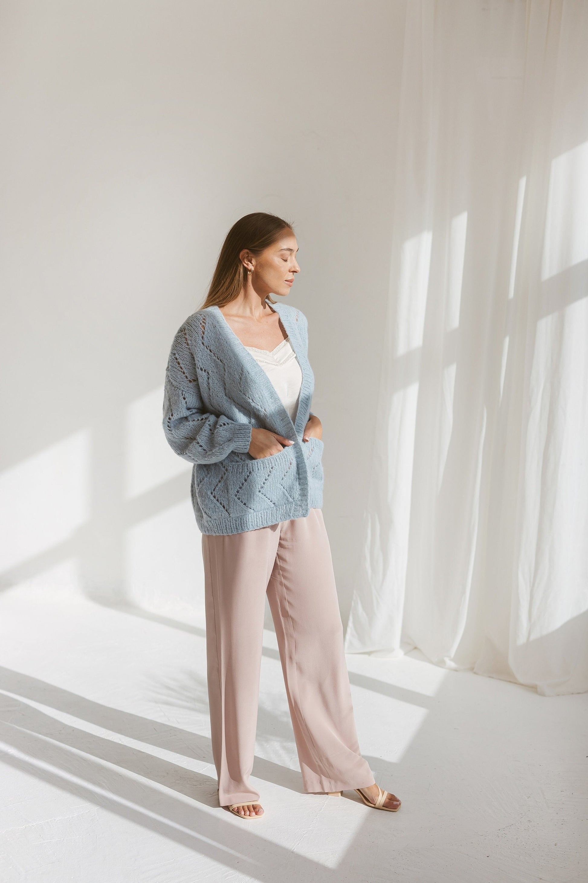 Light blue cable knit alpaca cardigan, sky blue knitted oversize sweater, balloon sleeves, pastel lightweight boho loose cardigan for women