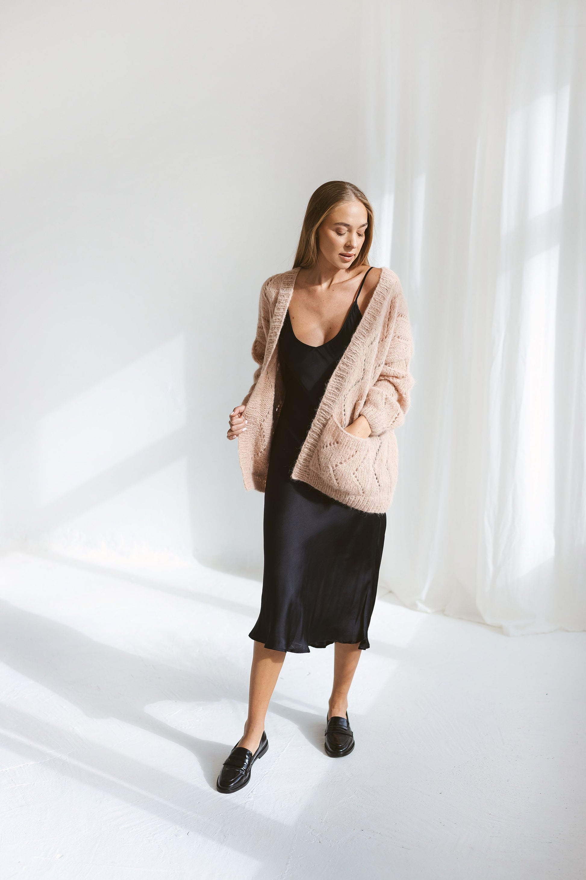 Pink cable knit alpaca cardigan with deep pockets, open front knitted oversize sweater, balloon sleeves, pastel lightweight loose cardigan