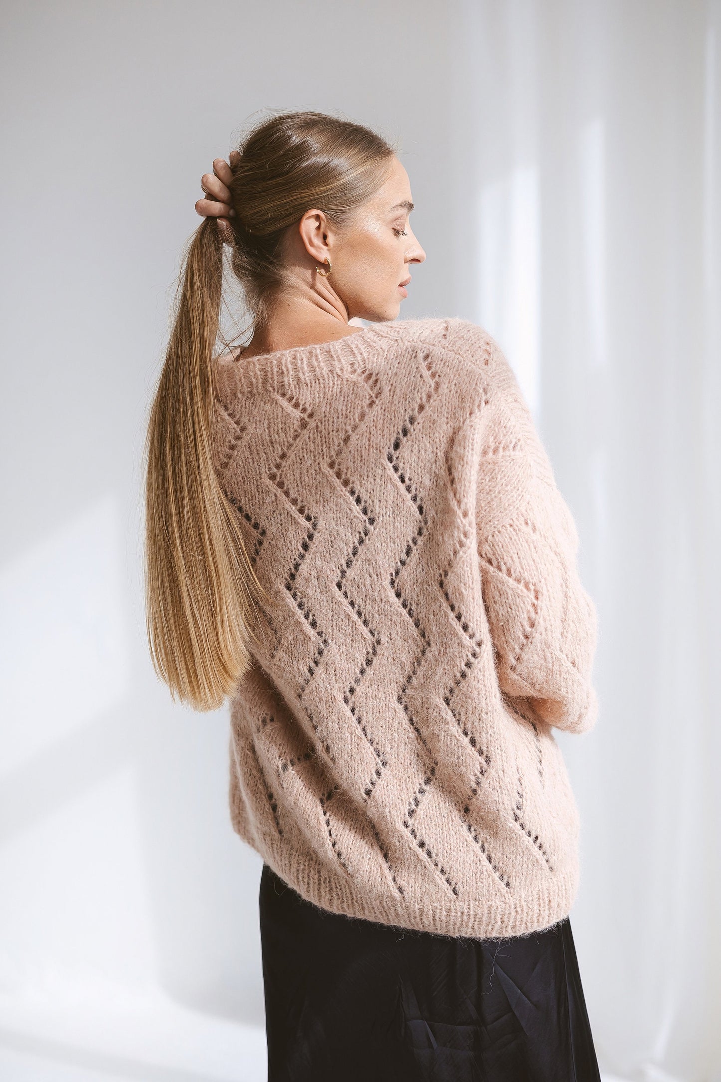 Pink cable knit alpaca cardigan with deep pockets, open front knitted oversize sweater, balloon sleeves, pastel lightweight loose cardigan