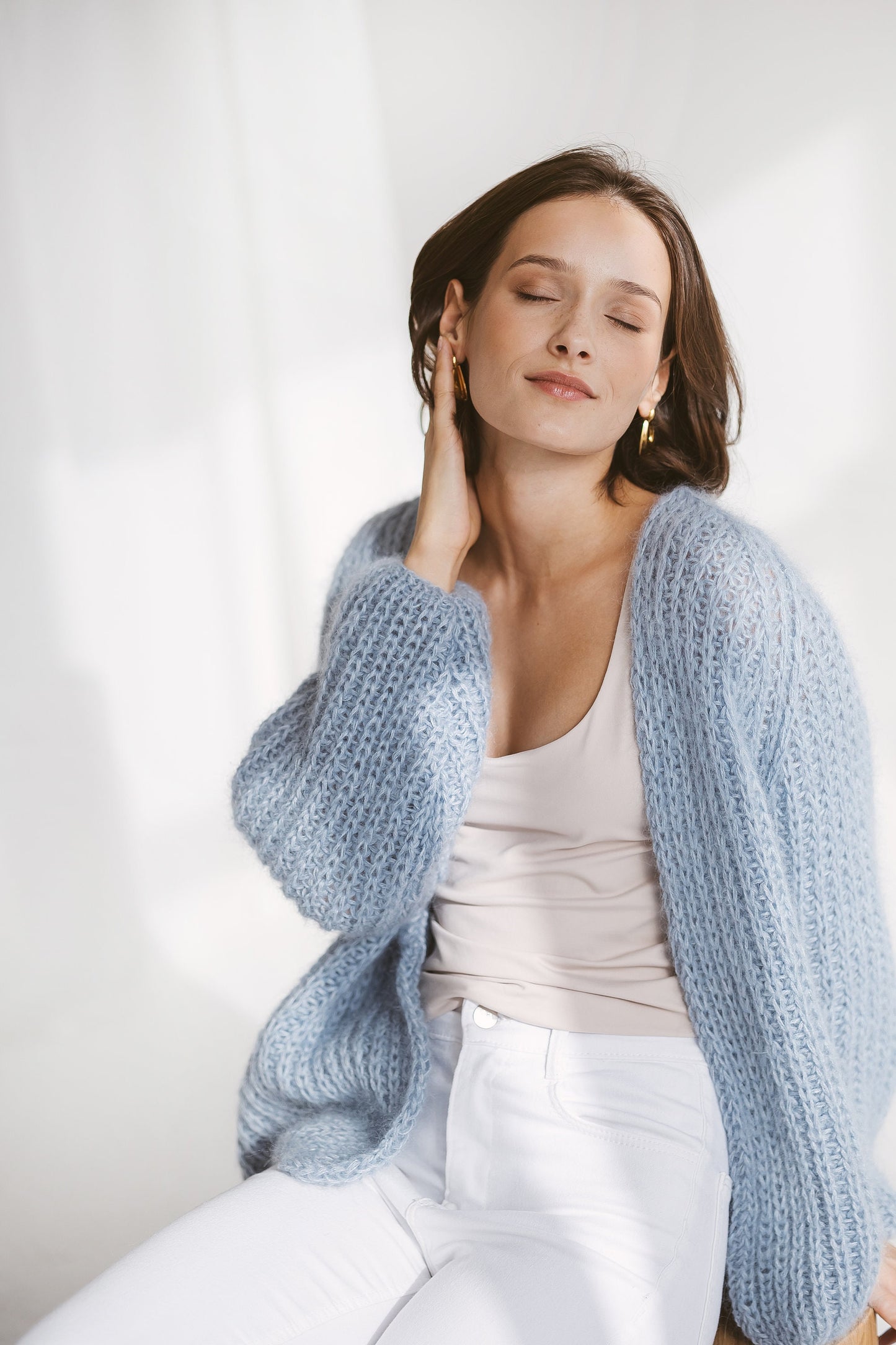 Light blue cable knit mohair cardigan, oversized sky blue sweater, chunky knit alpaca cardigan, open front loos knit cardigan, strickjacke
