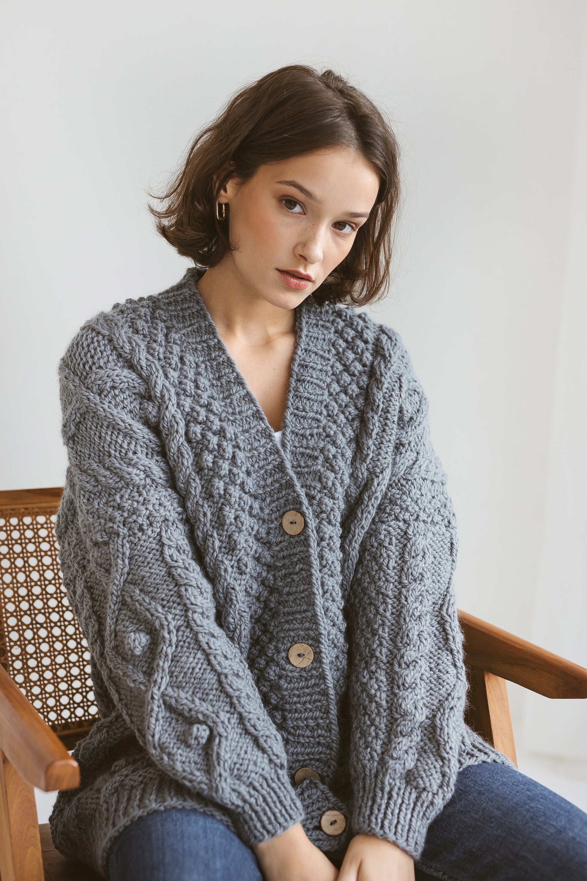 Gray super chunky knit alpaca wool cardigan with buttons, Irish cable knitted grey oversized women&#39;s sweater, thick jacket with braids, gift
