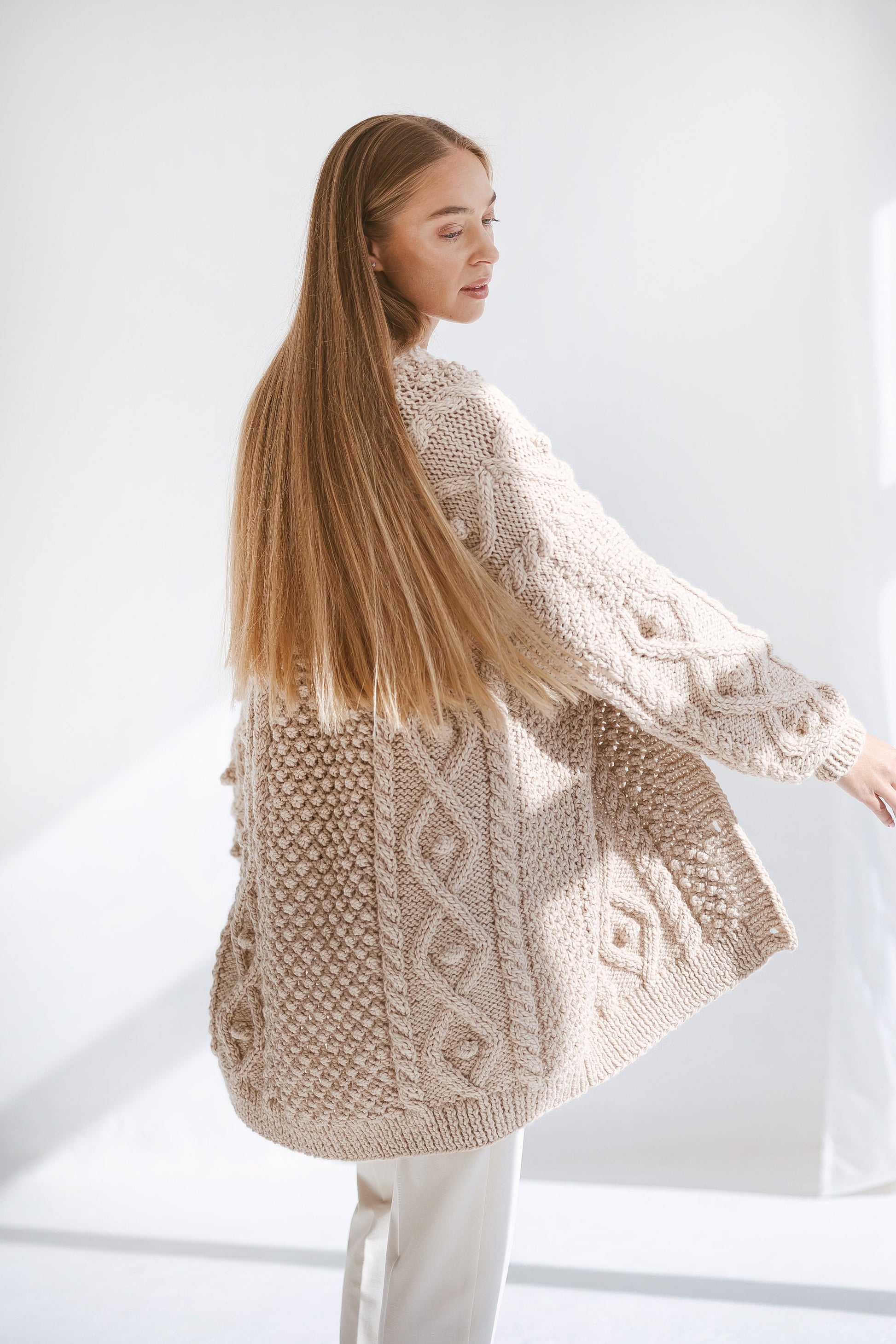 Beige Oversized Alpaca Cardigan With Buttons, Chunky Cable Knit Cardigan, Creamy Irish Women Sweater, Handmade Wool Cardigan For Women, Gift