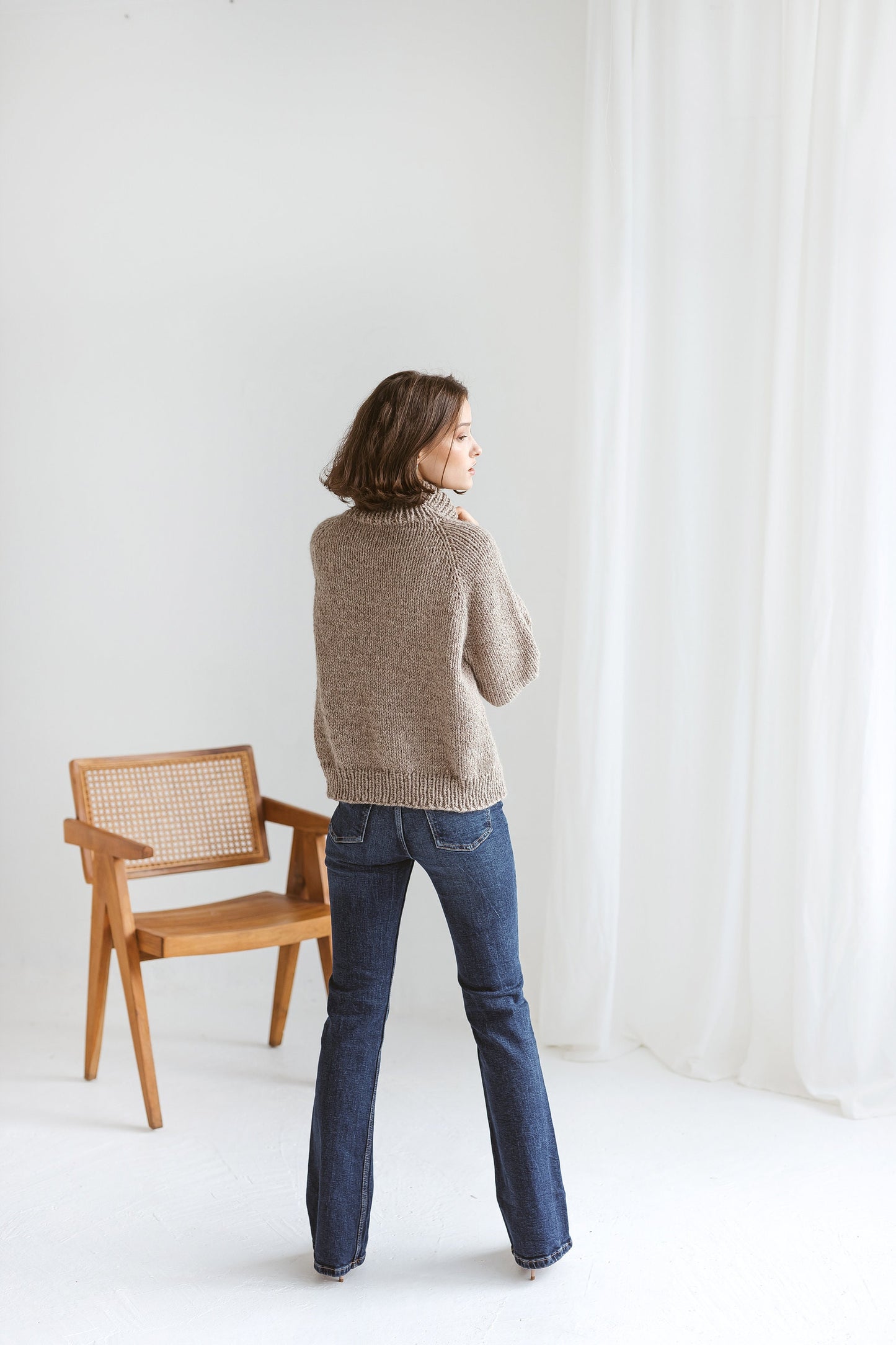 Chunky knit camel beige turtleneck alpaca wool sweater, brown cable knitted women&#39;s pullover, taupe roll neck hand made jumper with braid