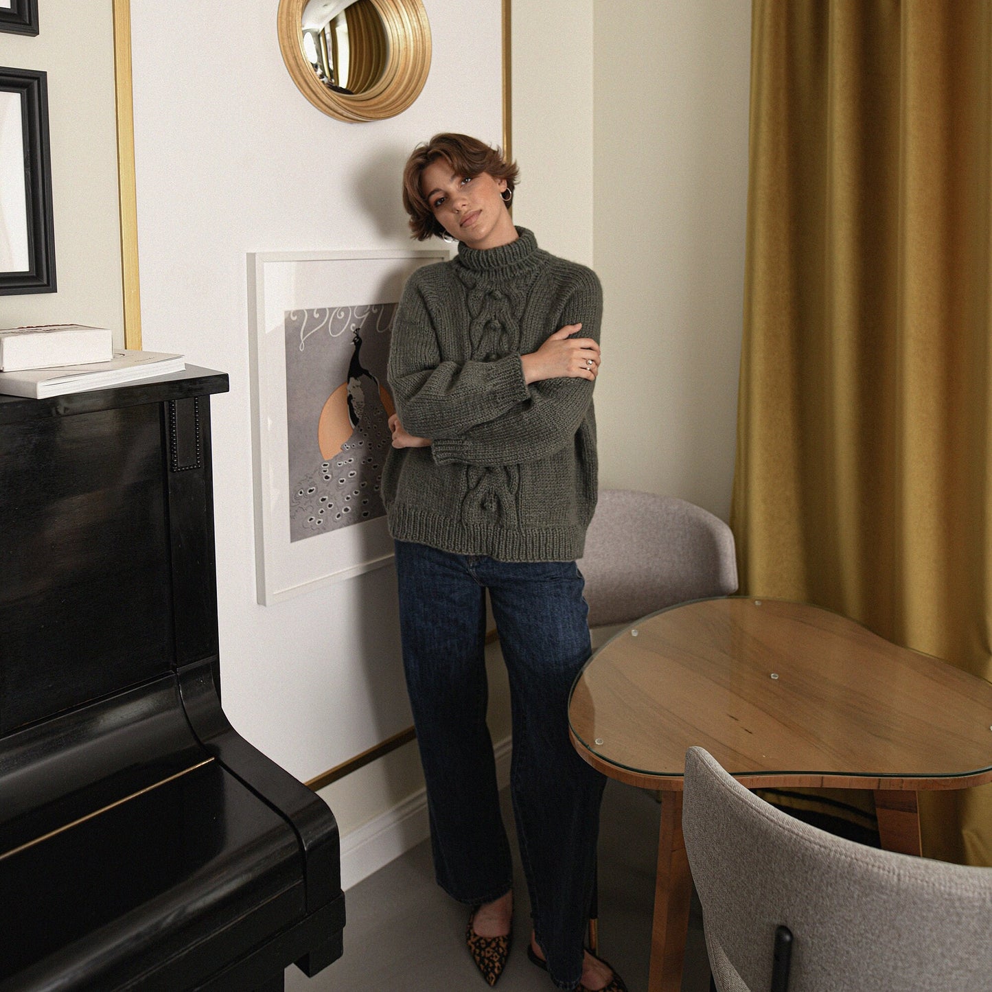 Moss Green Relaxed Fit Alpaca Sweater, Chunky Turtleneck Olive Green Wool Sweater, Cable Knit Women Pullover, Knitted Jumper With High Neck