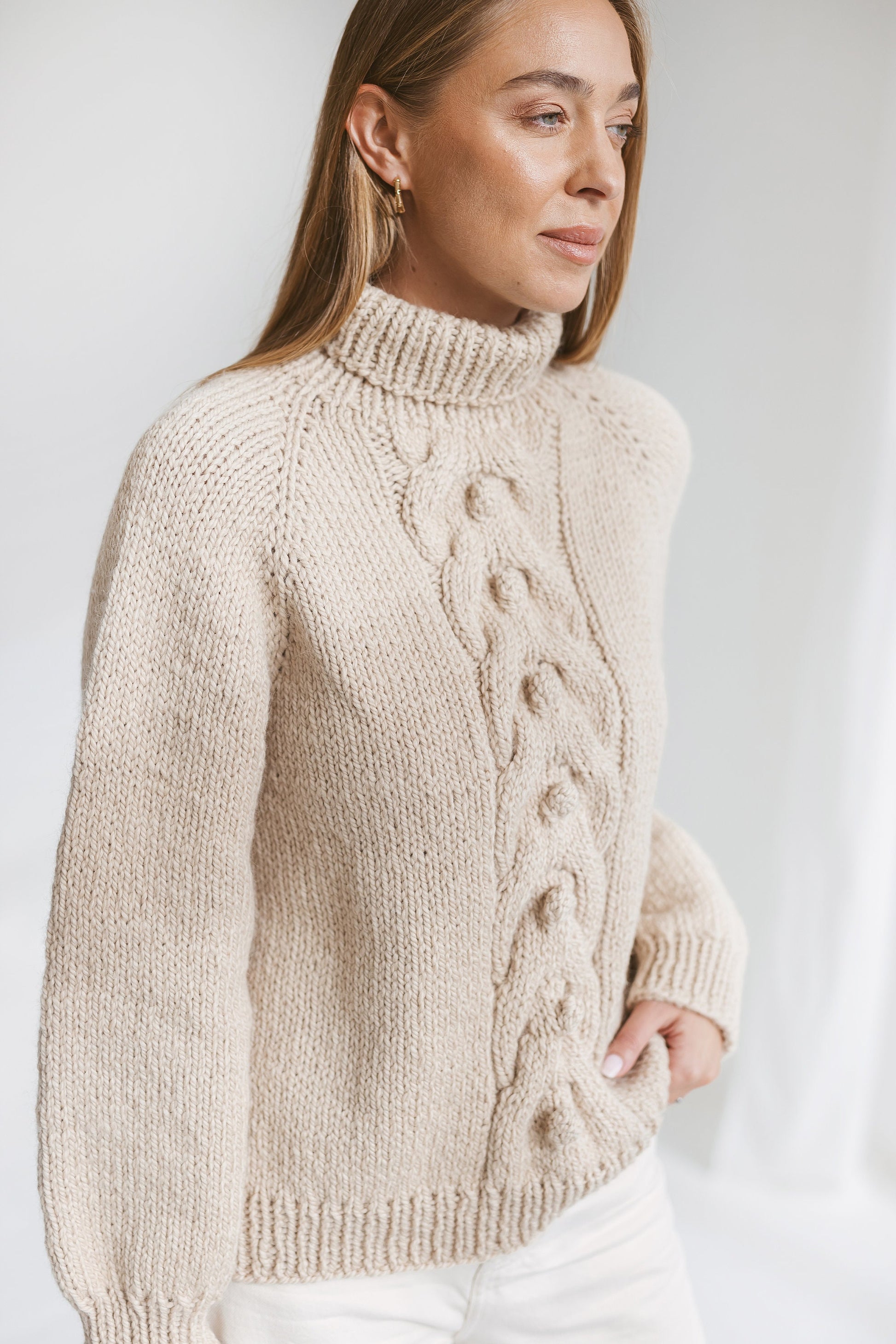 Light Beige Relaxed Fit Alpaca Sweater, Chunky Turtleneck Creamy Wool Sweater, Nude Cable Knit Women Pullover, Knitted Jumper With High Neck