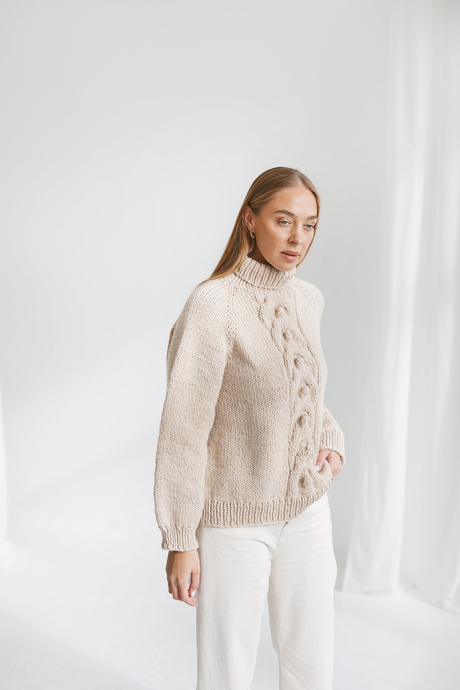 Chunky knit creamy beige alpaca wool turtleneck sweater, pastel nude cable knitted roll neck jumper, thick handmade pullover with braid