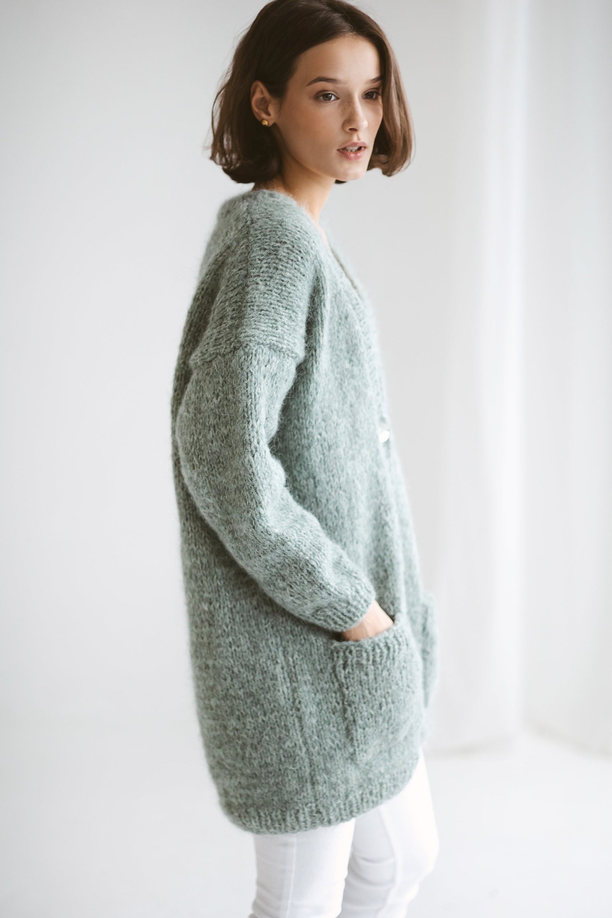 Sea Green Alpaca Cardigan With Pockets, Relaxed Fit Cable Knit Buttoned Cardigan, Chunky Knit Alpaca Wool Sweater With Buttons, Oversized