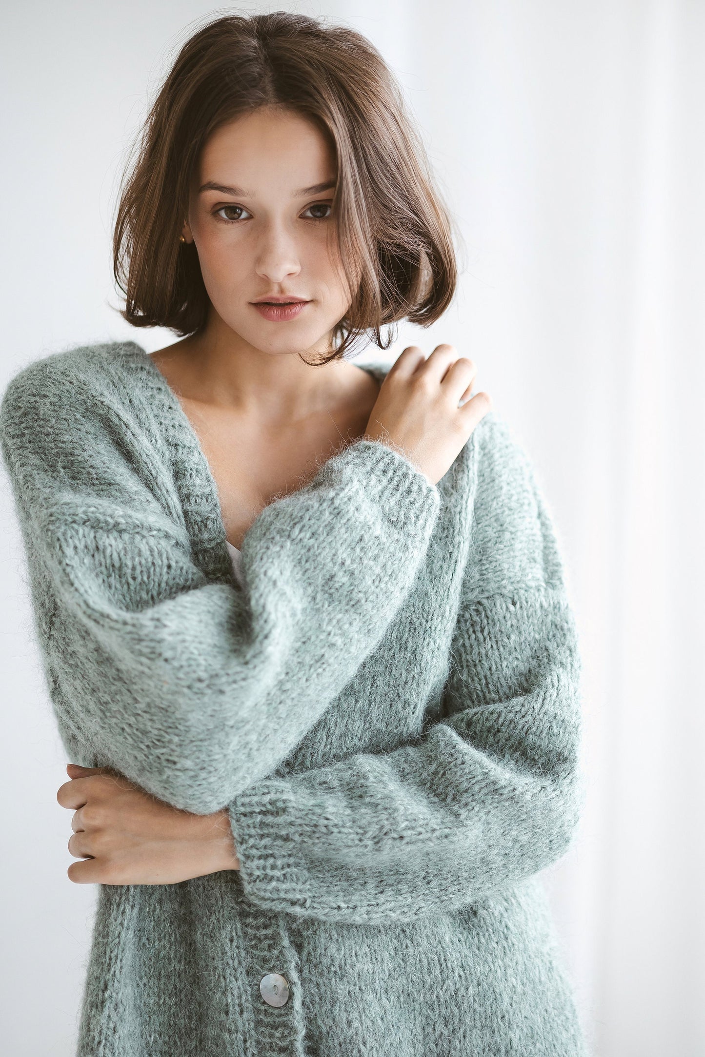 Sea Green Alpaca Cardigan With Pockets, Relaxed Fit Cable Knit Buttoned Cardigan, Chunky Knit Alpaca Wool Sweater With Buttons, Oversized