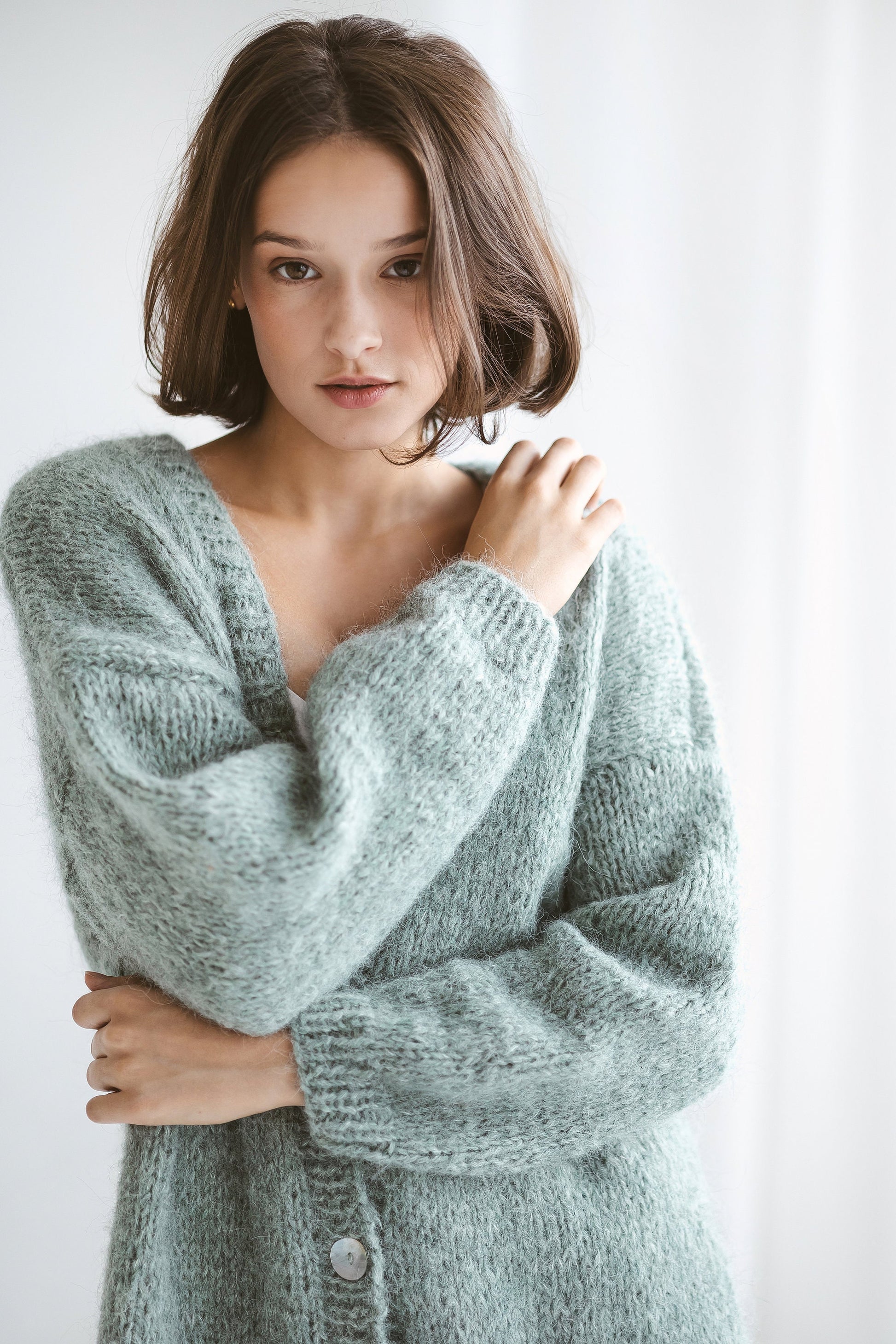 Sea Green Alpaca Cardigan With Pockets, Relaxed Fit Cable Knit Buttoned Cardigan, Chunky Knit Alpaca Wool Sweater With Buttons, Oversized