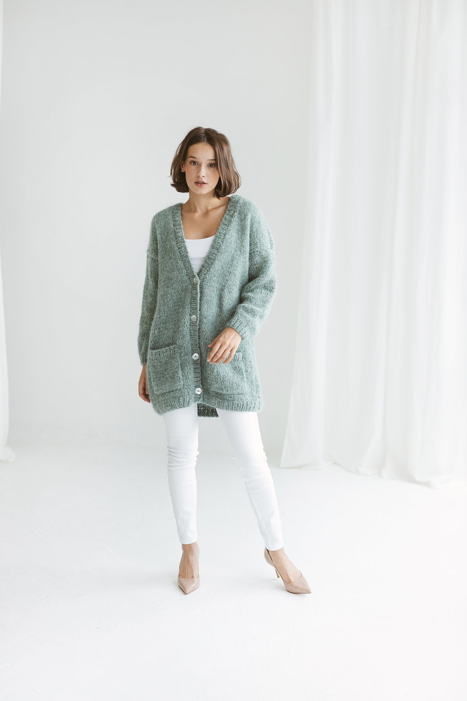 Sea Green Alpaca Cardigan With Pockets, Relaxed Fit Cable Knit Buttoned Cardigan, Chunky Knit Alpaca Wool Sweater With Buttons, Oversized