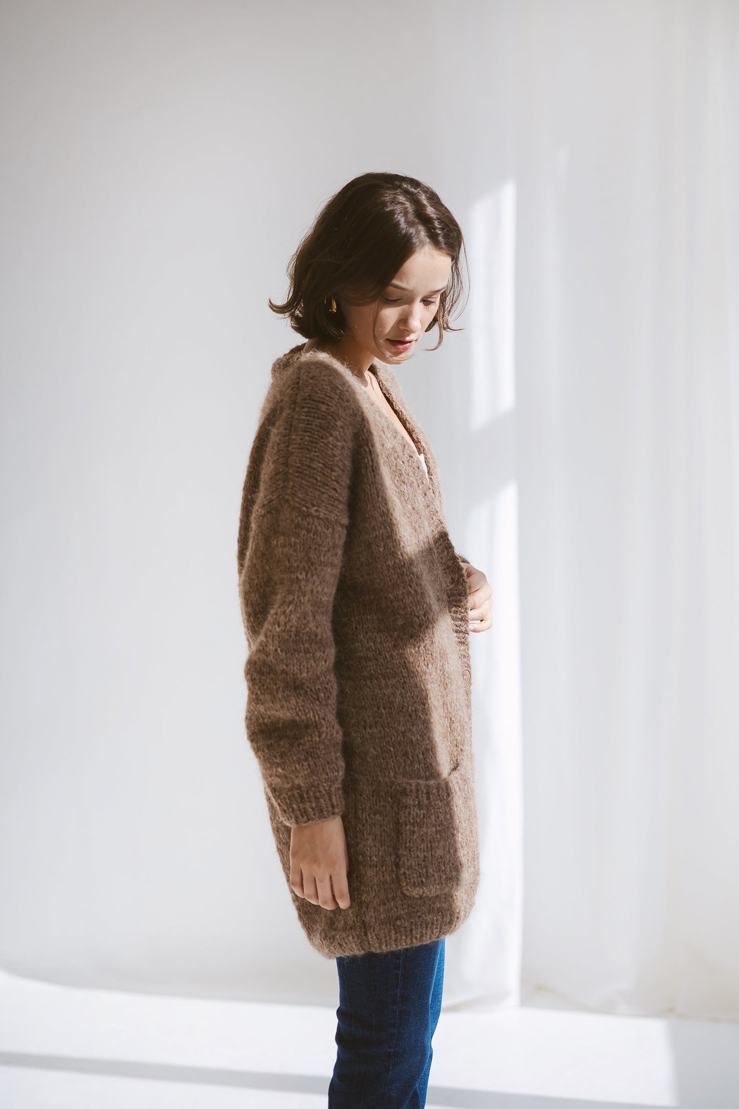 Beige Alpaca Cardigan With Pockets, Burned Caramel Relaxed Cable Knit Buttoned Cardigan, Brown Long Chunky Knit Wool Sweater With Buttons