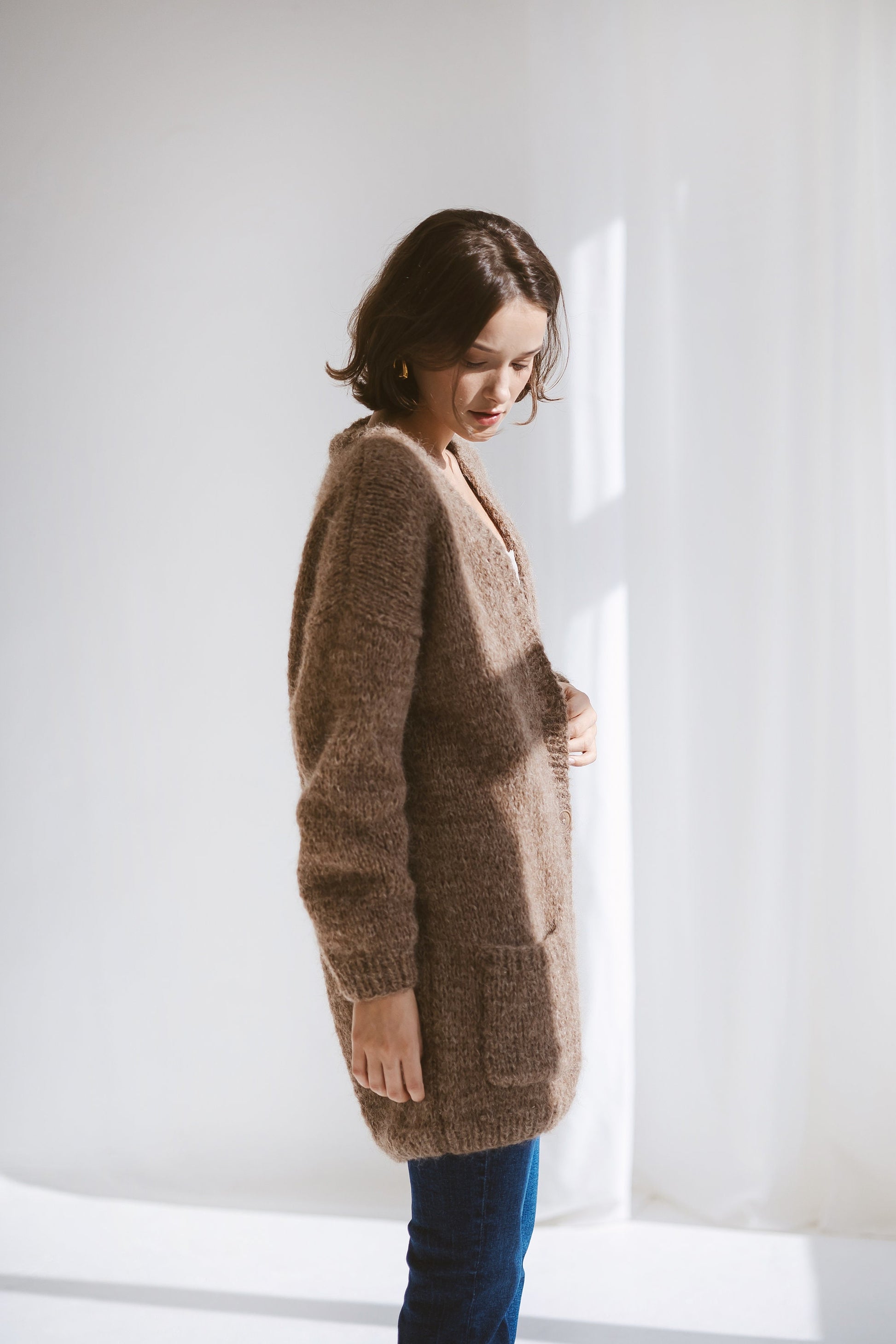 Beige Alpaca Cardigan With Pockets, Burned Caramel Relaxed Cable Knit Buttoned Cardigan, Brown Long Chunky Knit Wool Sweater With Buttons