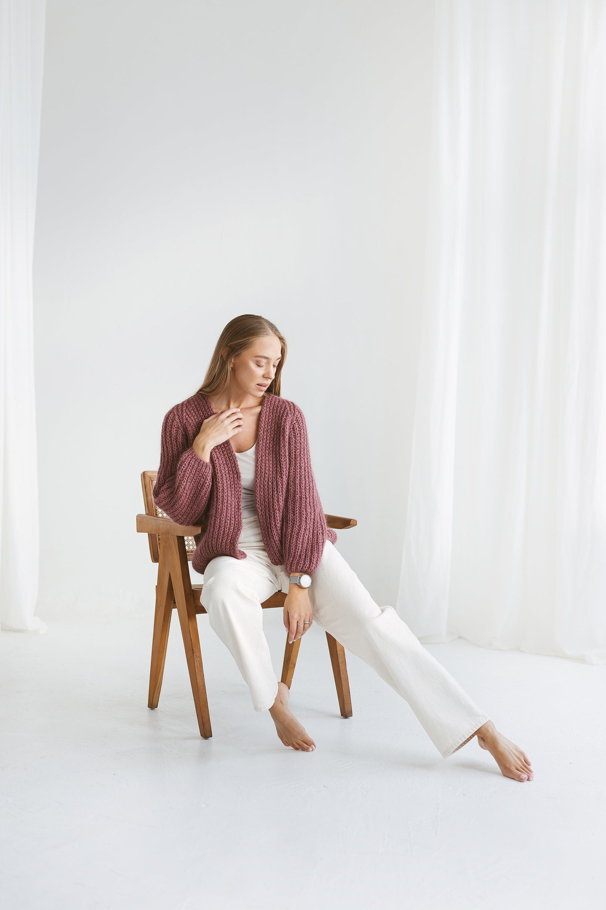 Mauve mohair cardigan, purple cable knit alpaca sweater, violet chunky knit alpaca cardigan, plum oversize mohair sweater, gift for women