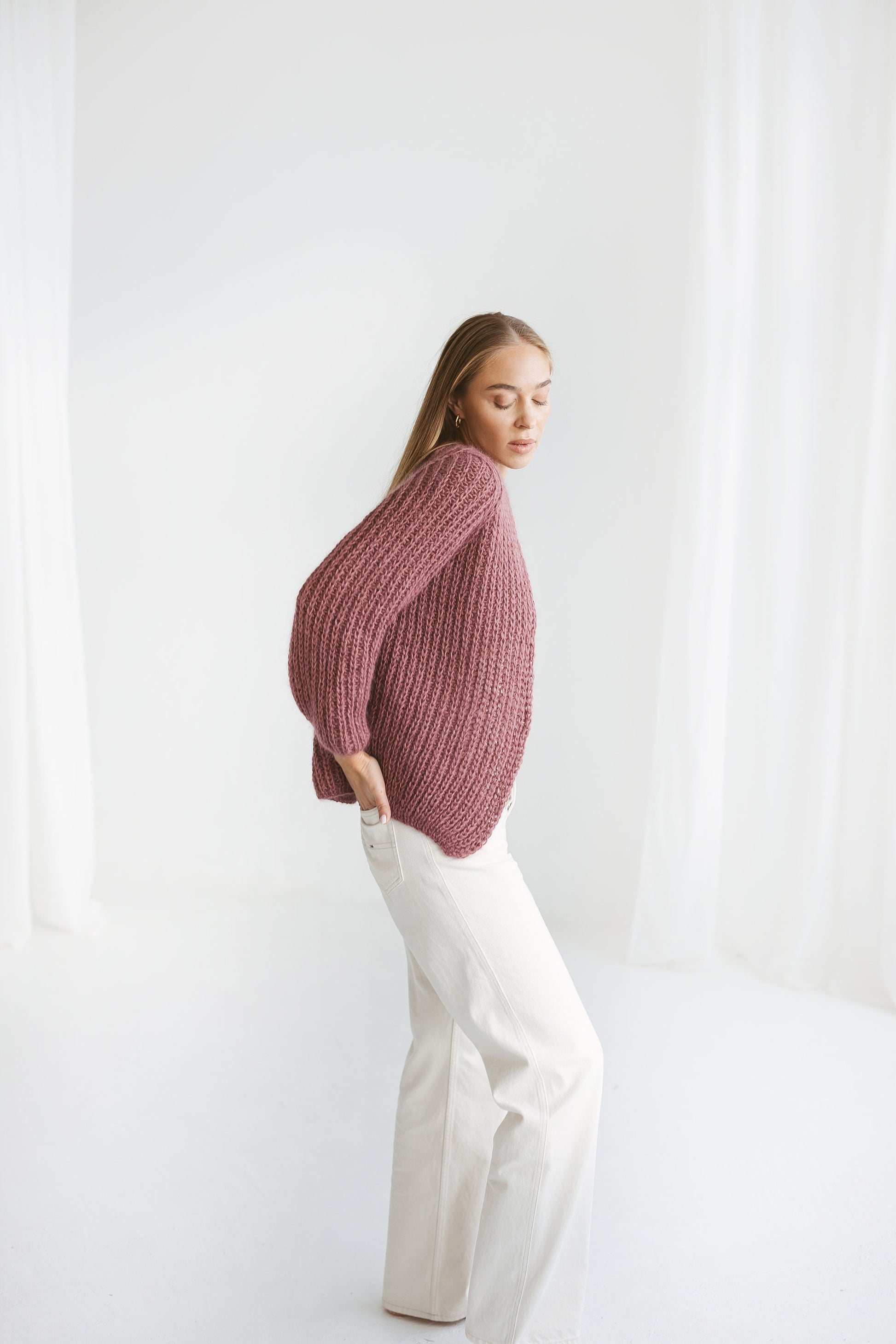 Mauve mohair cardigan, purple cable knit alpaca sweater, violet chunky knit alpaca cardigan, plum oversize mohair sweater, gift for women