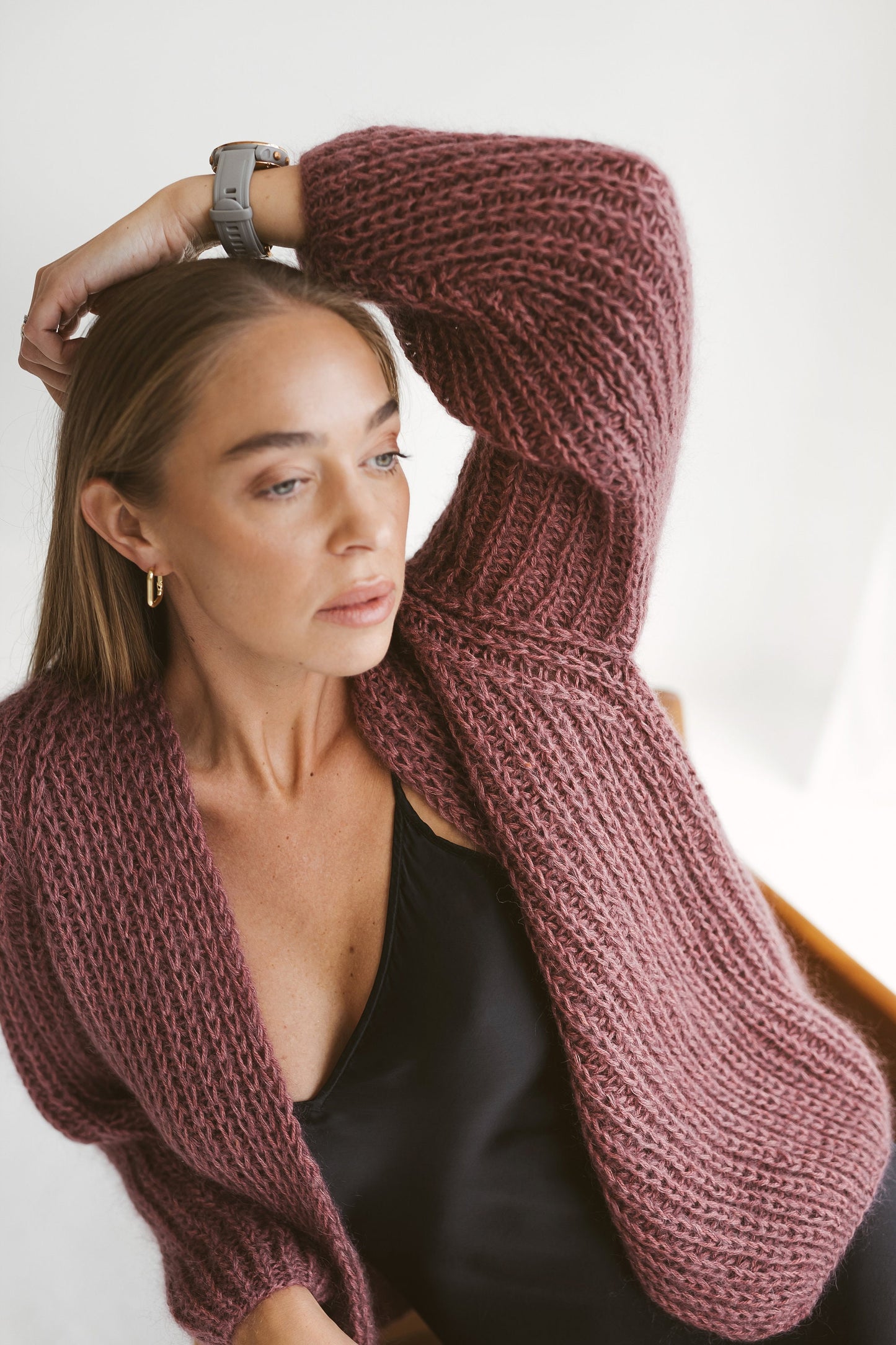 Mauve mohair cardigan, purple cable knit alpaca sweater, violet chunky knit alpaca cardigan, plum oversize mohair sweater, gift for women