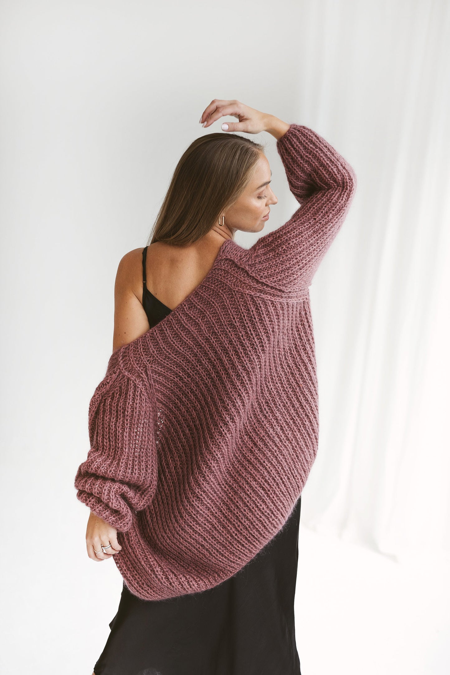 Mauve mohair cardigan, purple cable knit alpaca sweater, violet chunky knit alpaca cardigan, plum oversize mohair sweater, gift for women