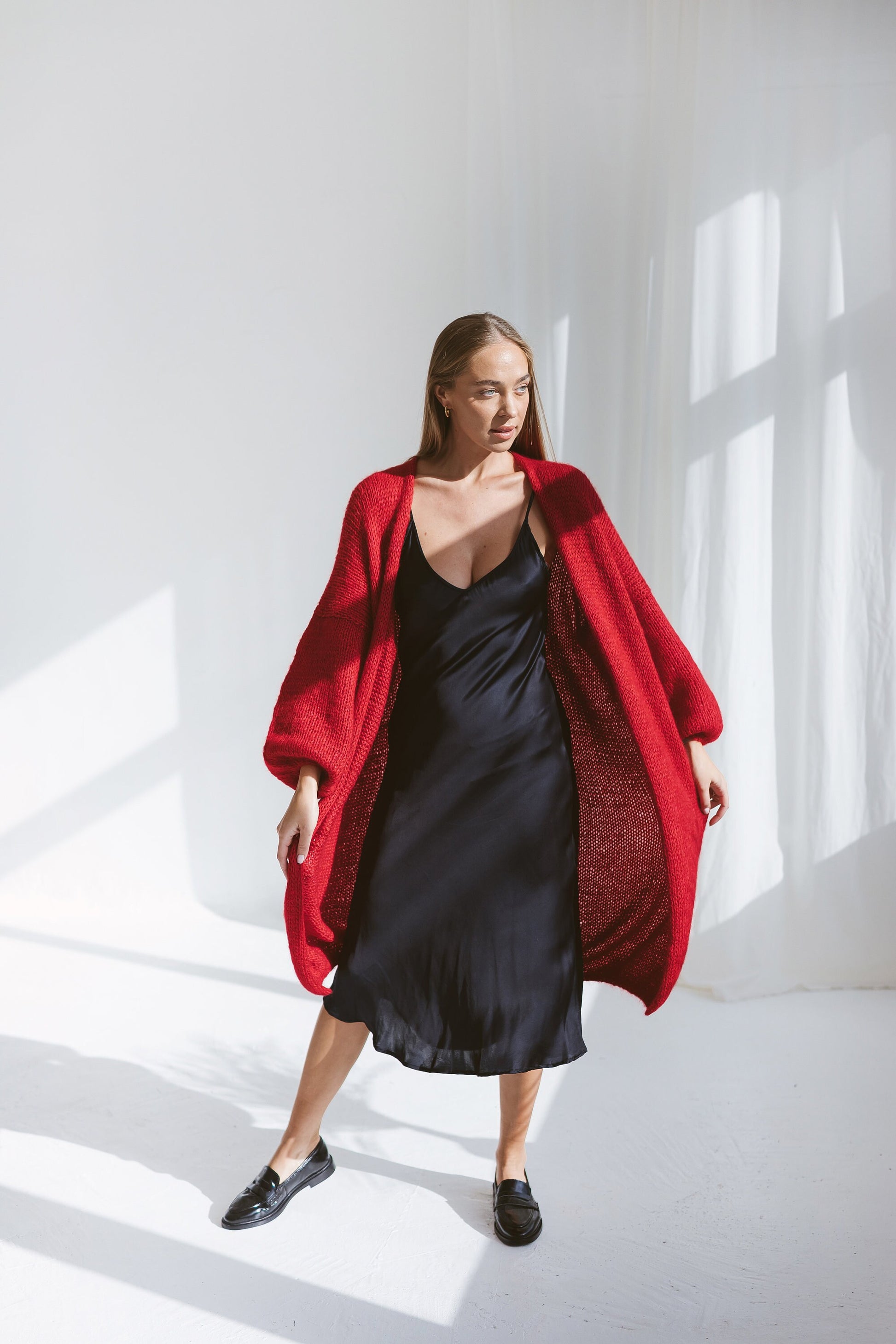 Long red mohair cardigan, oversized mohair sweater, cable knit alpaca sweater, rose red coat, chunky knitted cardigan with balloon sleeves