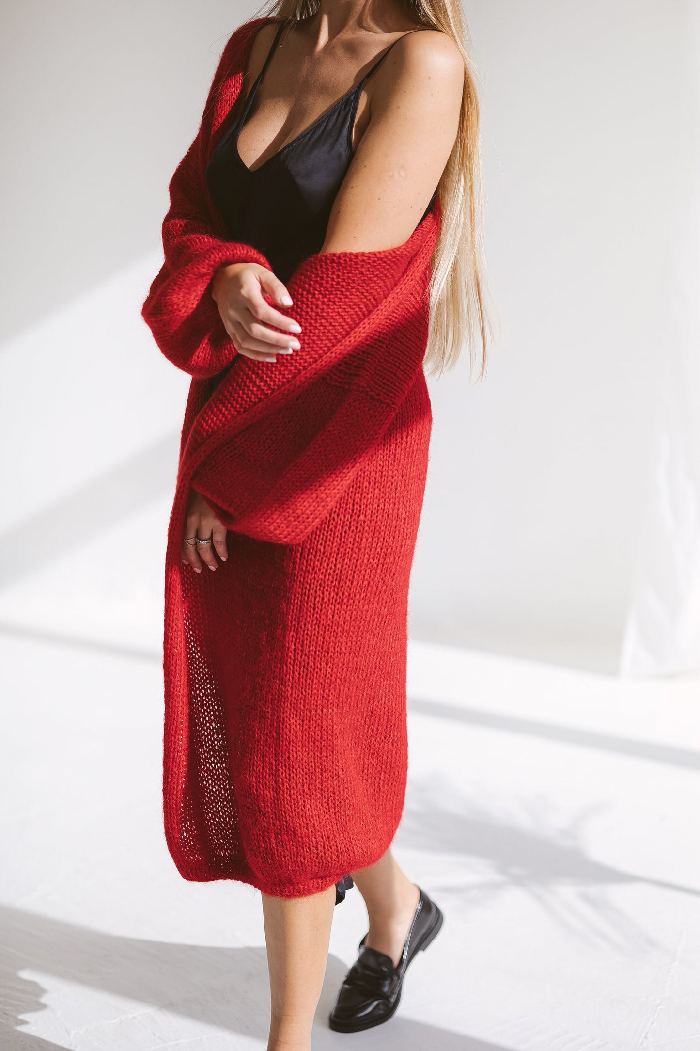 Long red mohair cardigan, oversized mohair sweater, cable knit alpaca sweater, rose red coat, chunky knitted cardigan with balloon sleeves