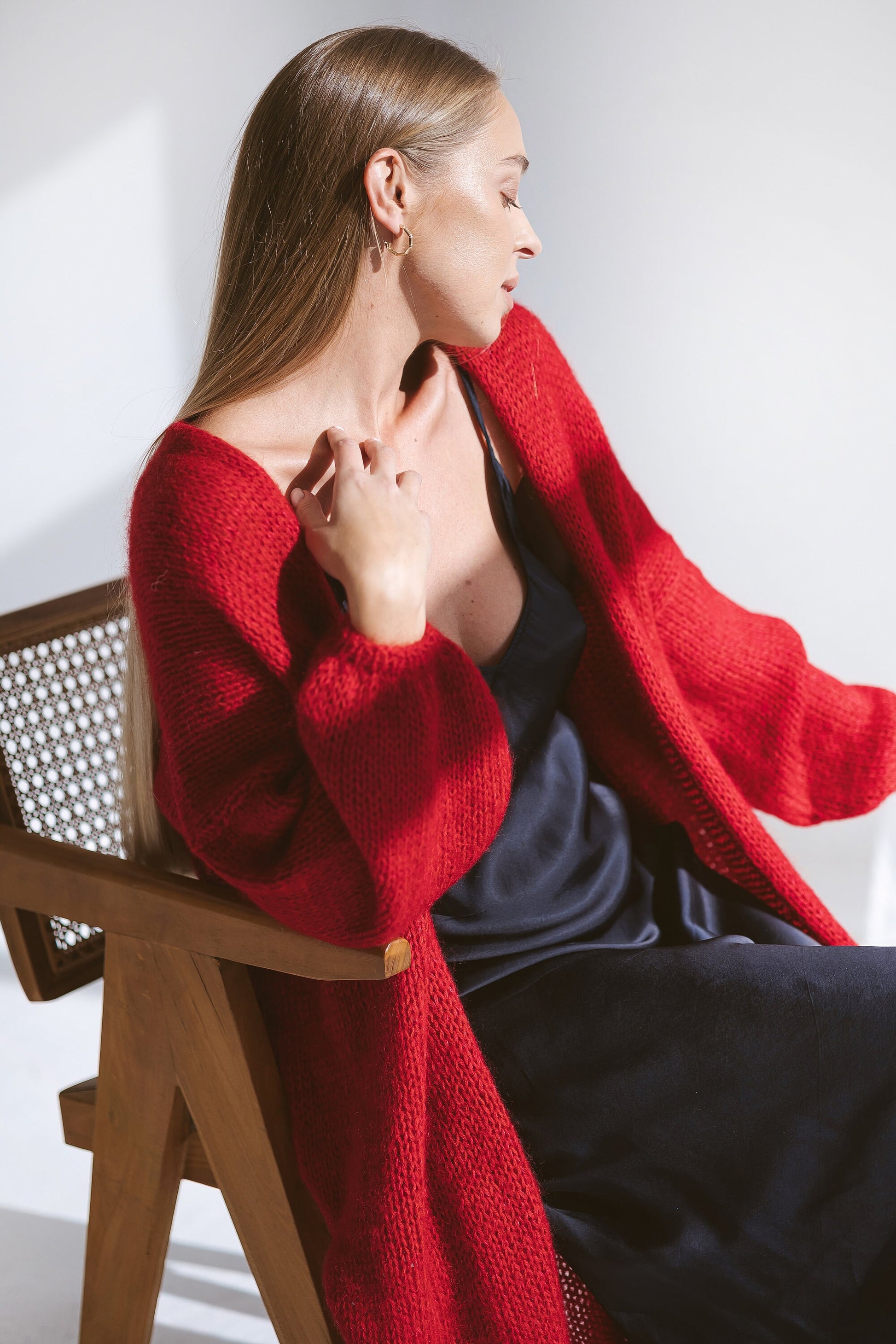 Long red mohair cardigan, oversized mohair sweater, cable knit alpaca sweater, rose red coat, chunky knitted cardigan with balloon sleeves