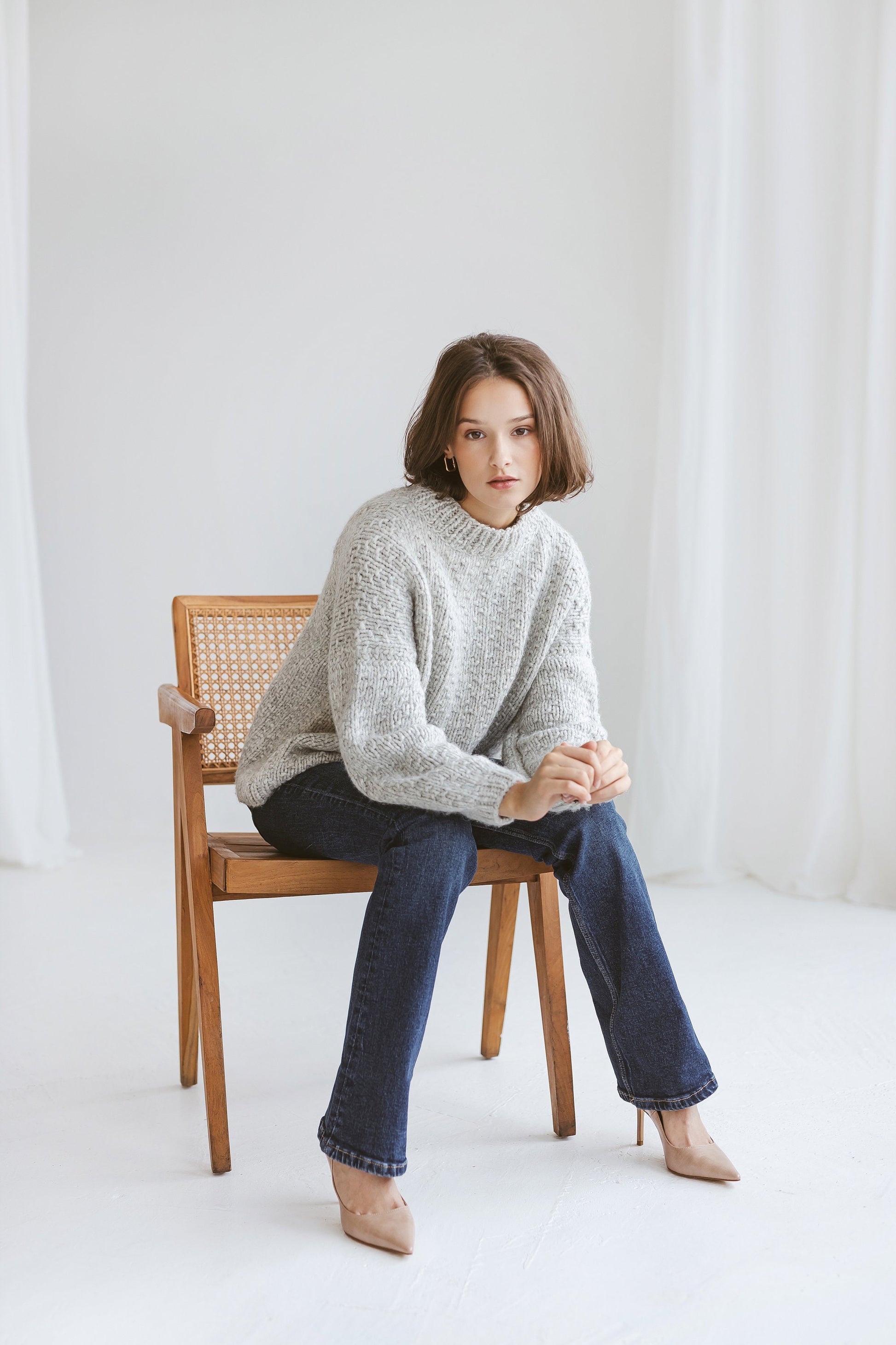 Light Gray Cable Knit Sweater, Grey Chunky Knit Alpaca Jumper, Relax Fit Pullover With Balloon Sleeves, Silver Color Knitted Jumper, Gift