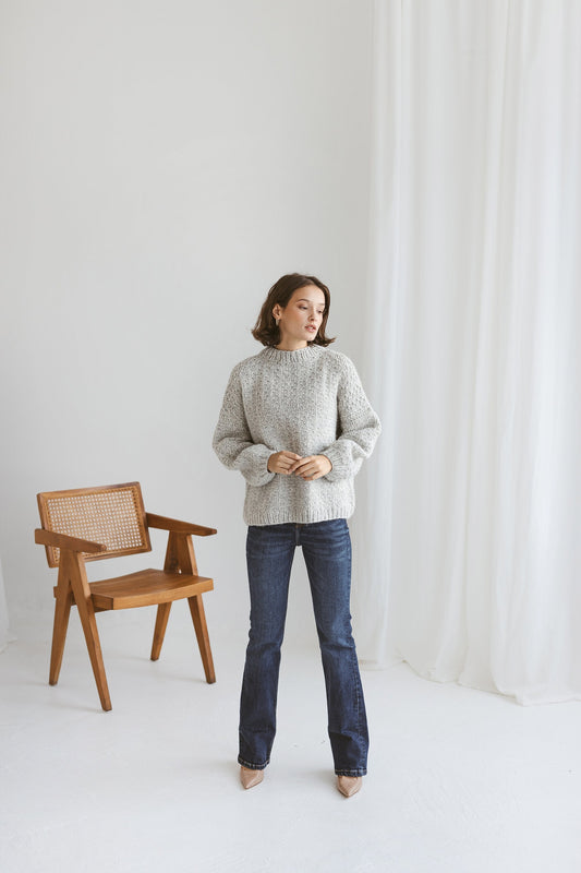 Light Gray Cable Knit Sweater, Grey Chunky Knit Alpaca Jumper, Relax Fit Pullover With Balloon Sleeves, Silver Color Knitted Jumper, Gift