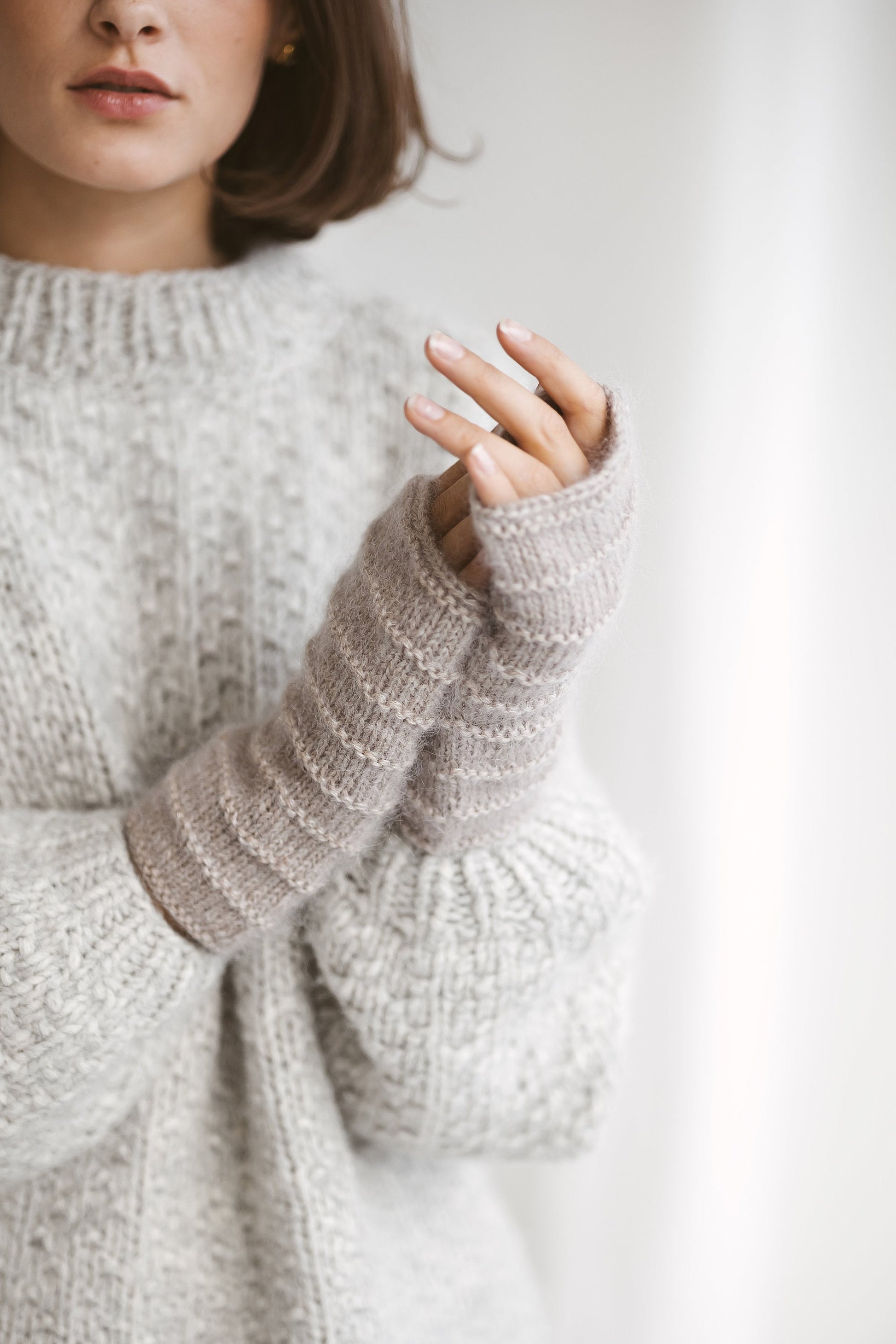 Almond mohair fingerless gloves, creamy women knit mittens, light brown hand warmers, alpaca wool winter gloves, cable knit wrist warmers