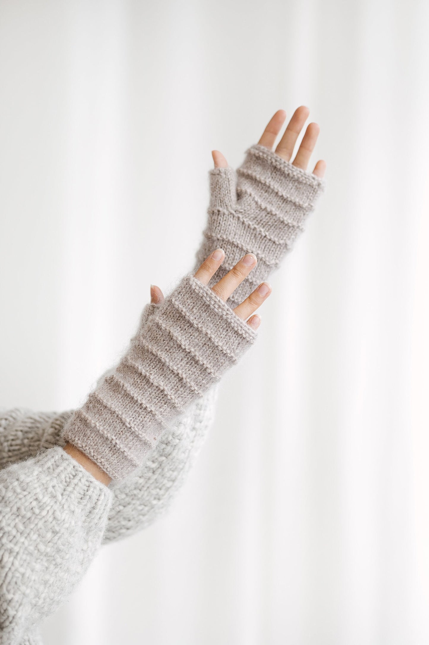 Almond color mohair fingerless gloves, beige women knit mittens, nude hand warmers, alpaca wool fingerless mittens, gift for her,long gloves