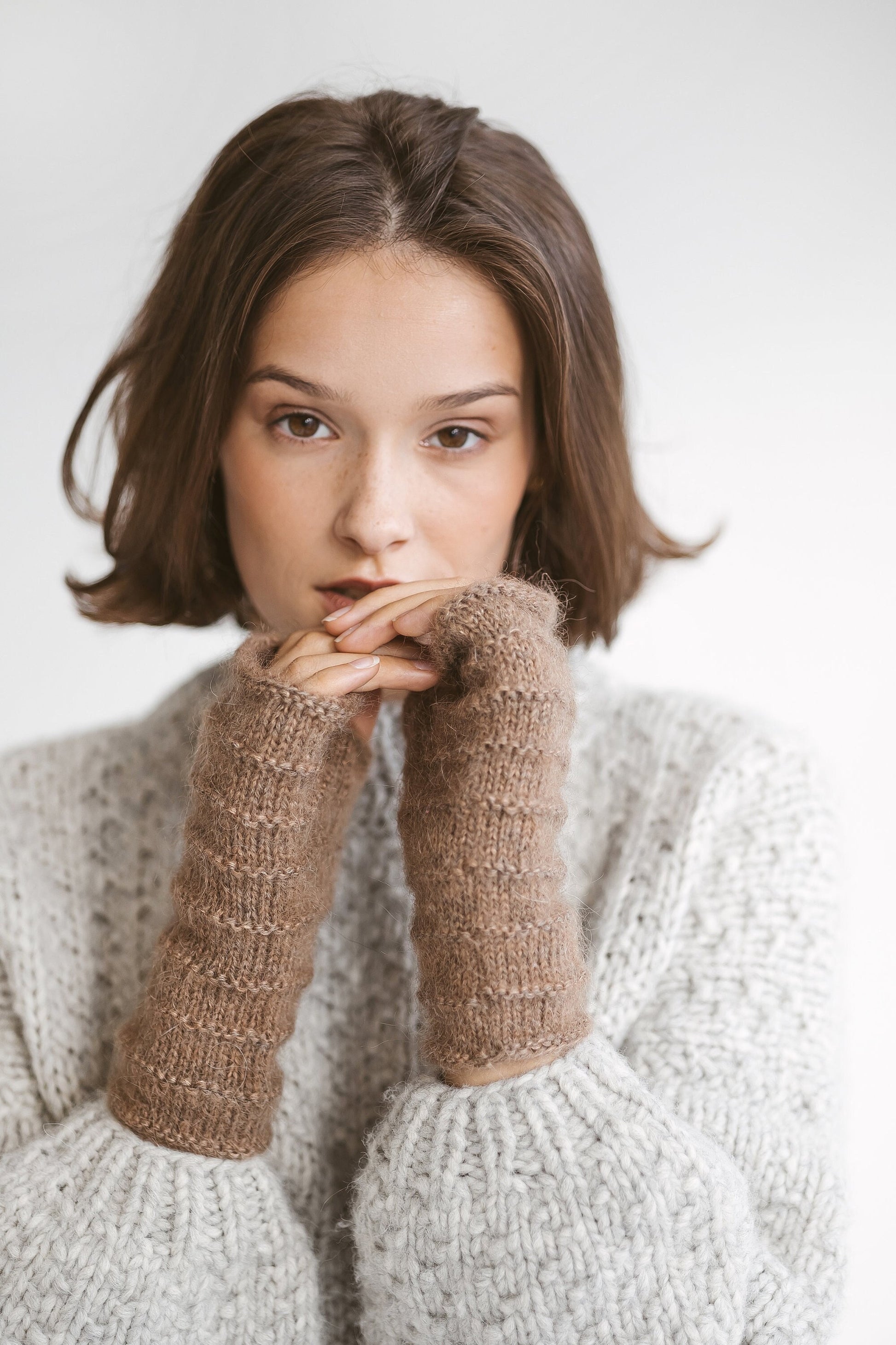 Almond mohair fingerless gloves, creamy women knit mittens, light brown hand warmers, alpaca wool winter gloves, cable knit wrist warmers