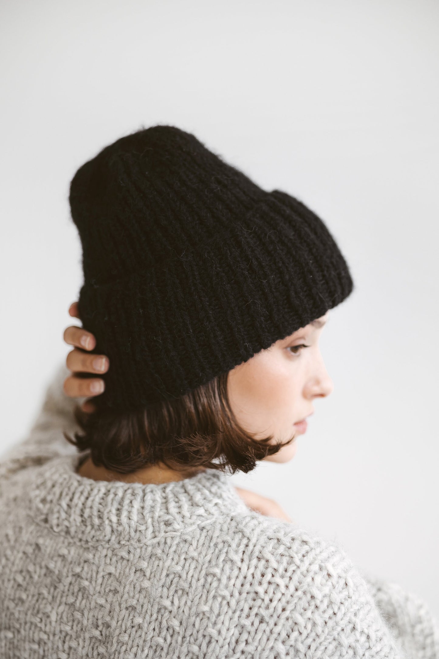 Black cable knit alpaca hat, woman knitted hat, winter wool beanie, boho fuzzy hat, hand knit ribbed beanie, gift for women, Christmas gift