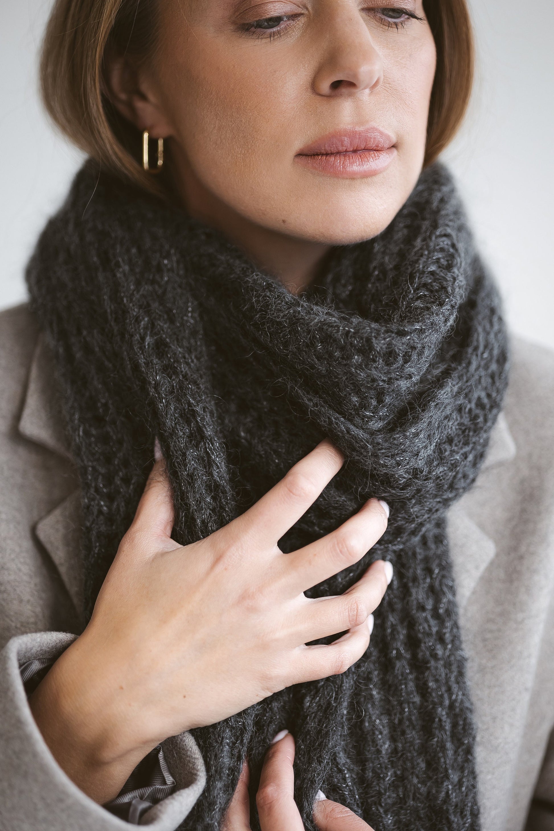 Gray cable knit mohair scarf, long oversized alpaca scarf, ribbed knit winter scarves, grey cowl scarf, man, woman, unisex, knitted shawl
