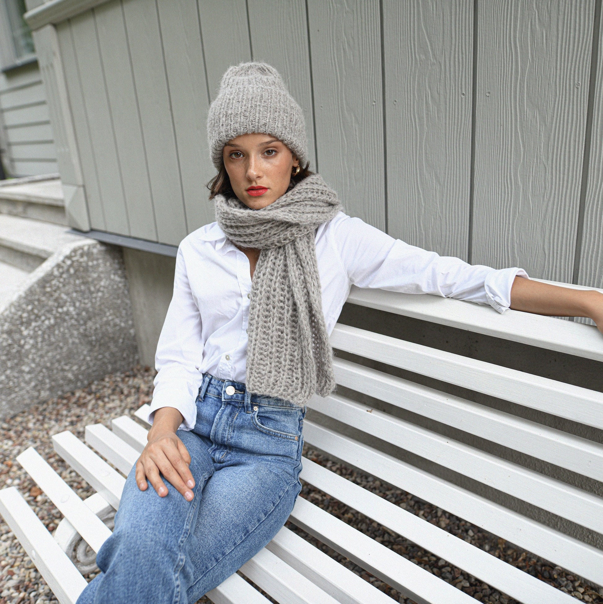 Light gray alpaca scarf and hat set, grey cable knit winter scarf and cap set, chunky knitted blanket scarf and beanie set. Gift for women