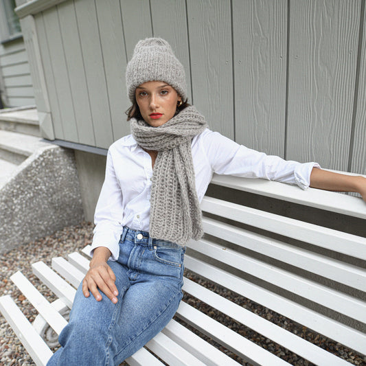 Light gray alpaca scarf and hat set, grey cable knit winter scarf and cap set, chunky knitted blanket scarf and beanie set. Gift for women