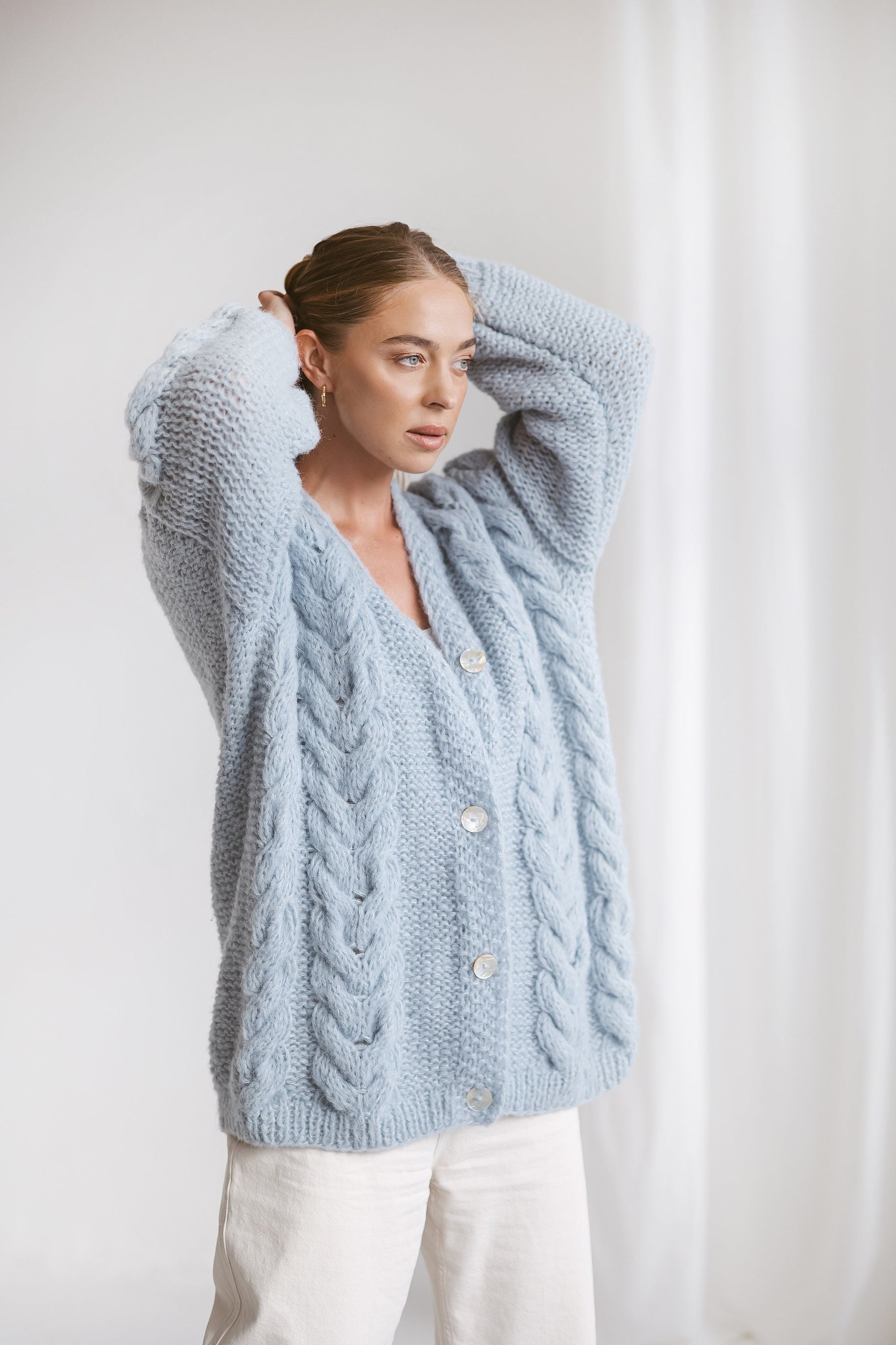 Sky Blue Alpaca Cardigan With Buttons, Light Blue Oversized Cable Knit Buttoned Cardigan, Chunky Knit Loose Alpaca Wool Sweater For Women