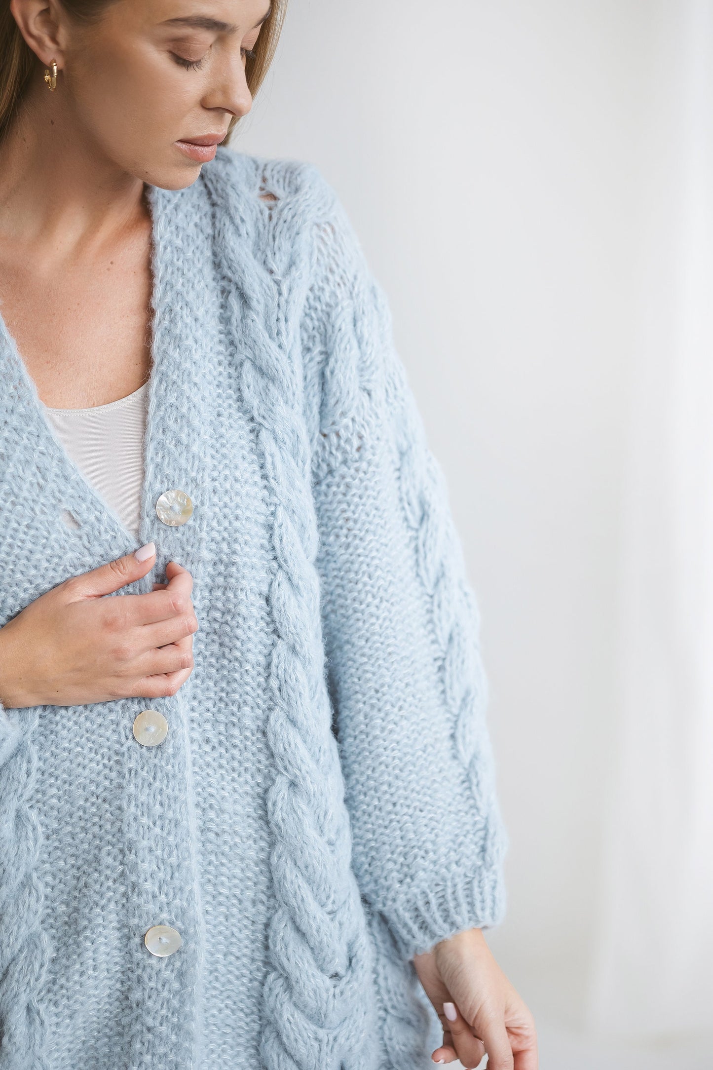 Sky Blue Alpaca Cardigan With Buttons, Light Blue Oversized Cable Knit Buttoned Cardigan, Chunky Knit Loose Alpaca Wool Sweater For Women