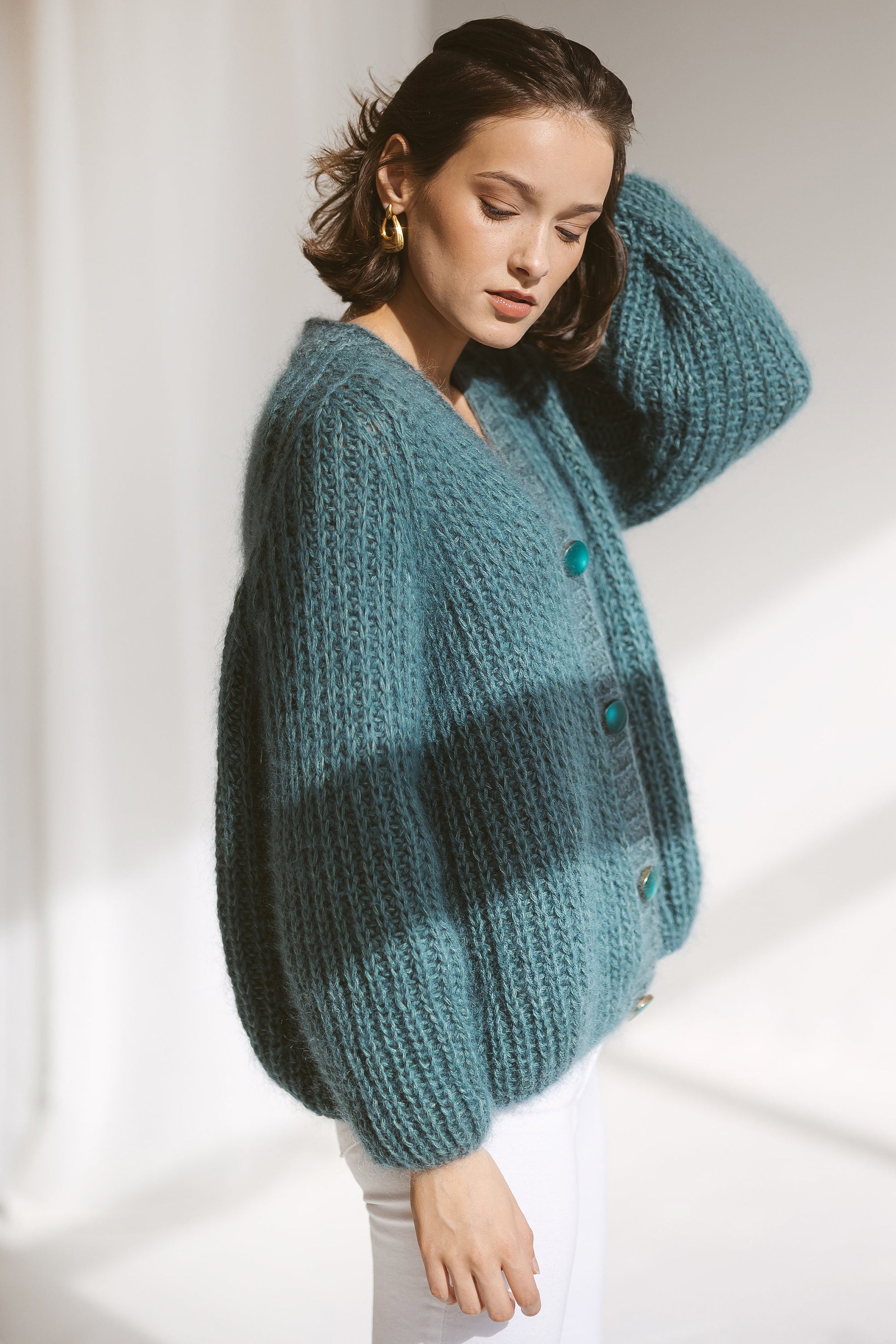 Teal Green Mohair Cardigan With Buttons, Fuzzy Turquoise Blue Alpaca Wool  Sweater, Light Fuzzy Oversized Cardigan, Chunky Cable Knit Cardi