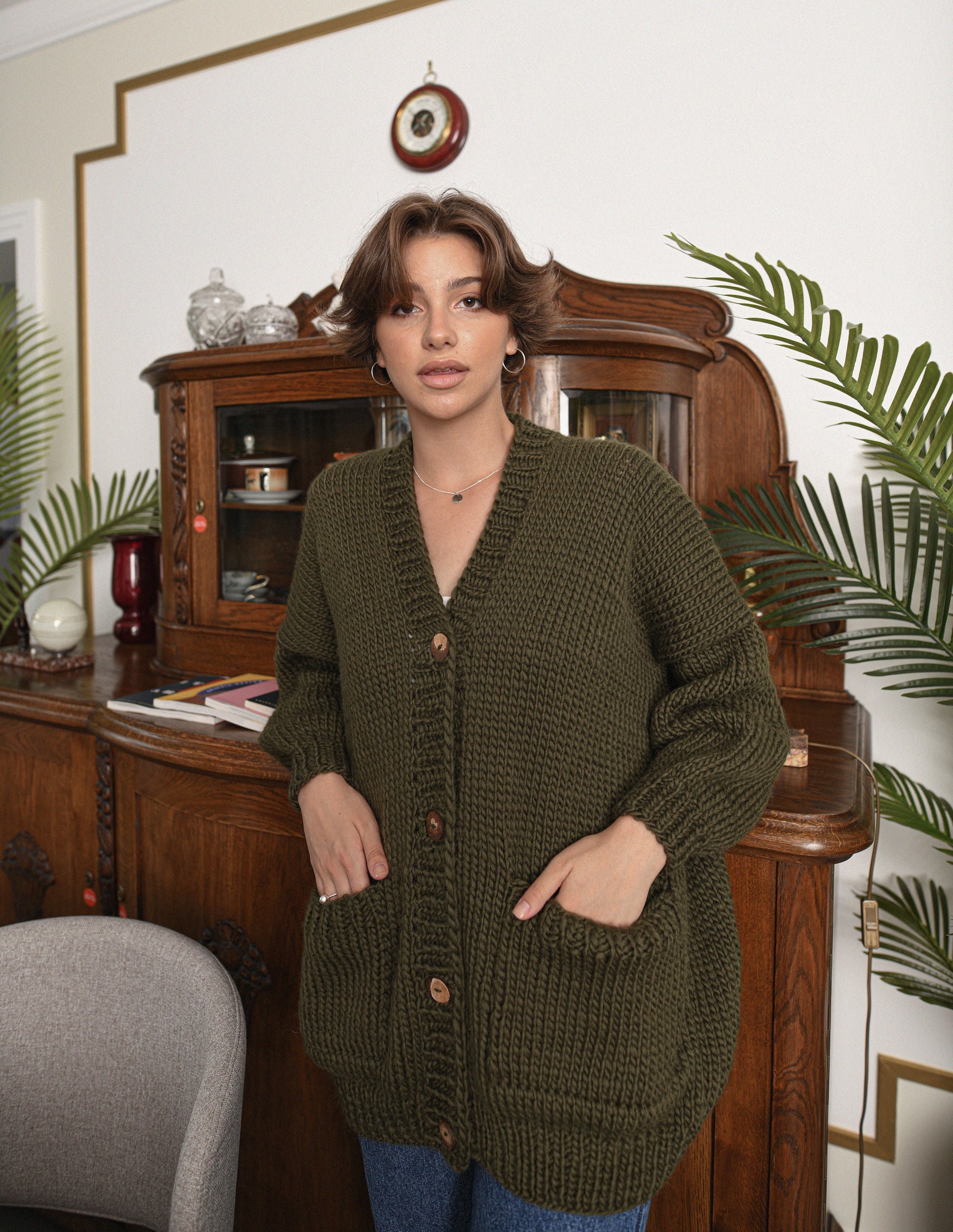 Moss Green Wool Cardigan With Buttons And Deep Pockets, Olive Green Oversized Cardigan, Chunky Cardigan, Cable Knit Cardigan For Women, Gift