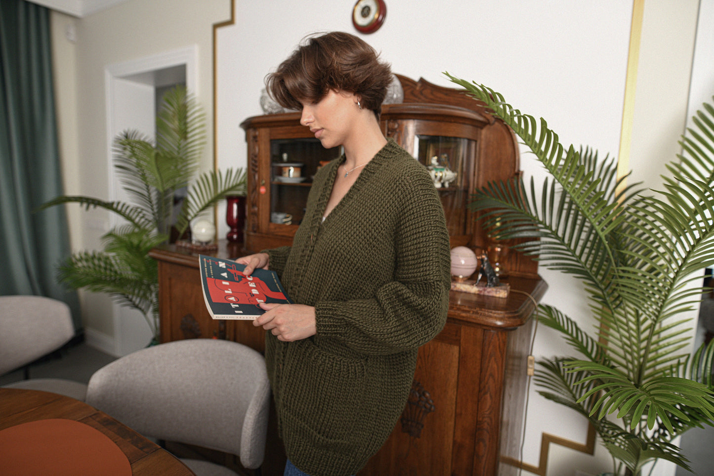 Moss Green Wool Cardigan With Buttons And Deep Pockets, Olive Green Oversized Cardigan, Chunky Cardigan, Cable Knit Cardigan For Women, Gift