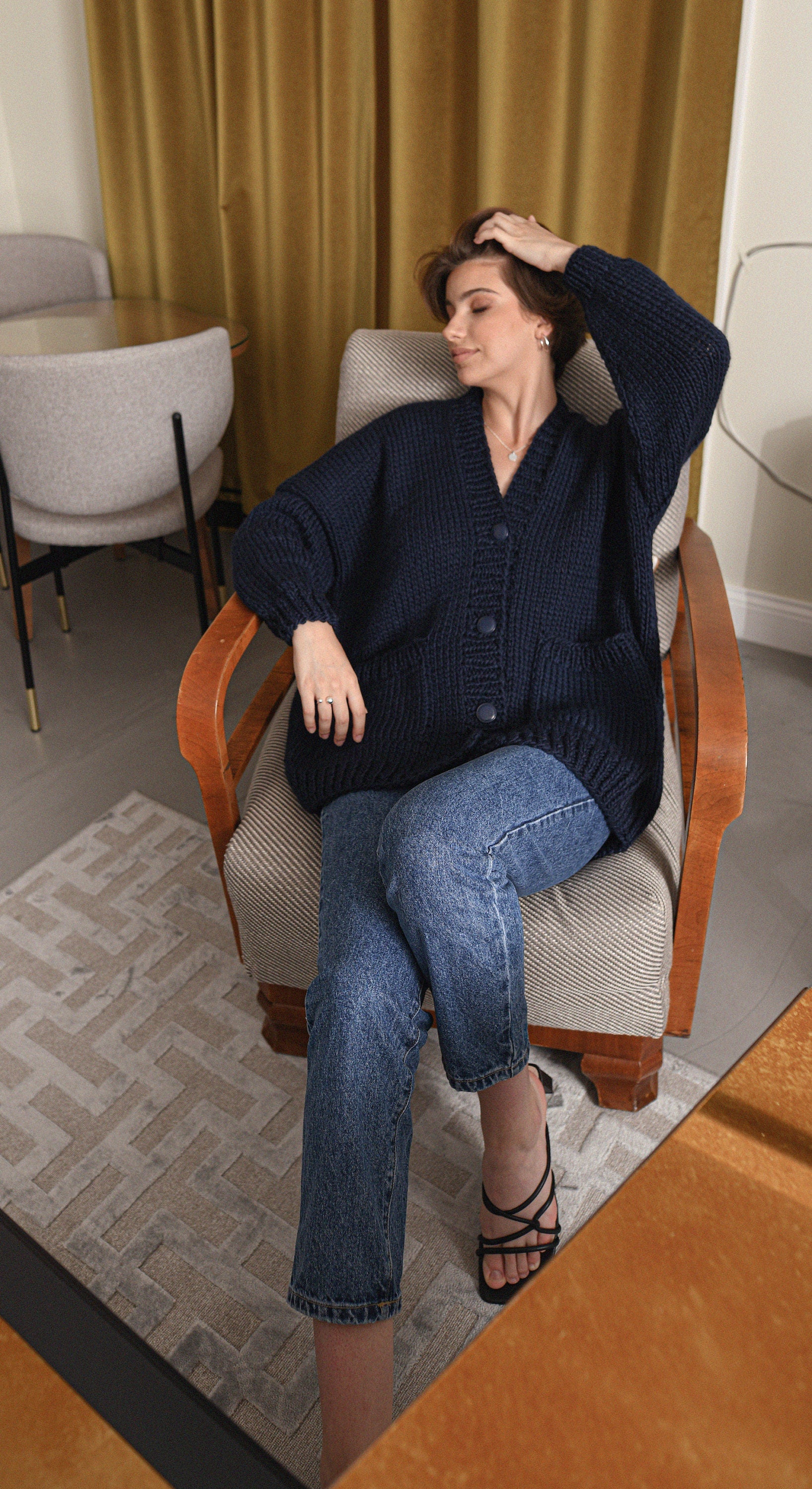 Navy Blue Wool Cardigan With Buttons And Deep Pockets, Chunky Knit Oversized Cardigan, Loose Wool Sweater, Cable Knit Cardigan For Women