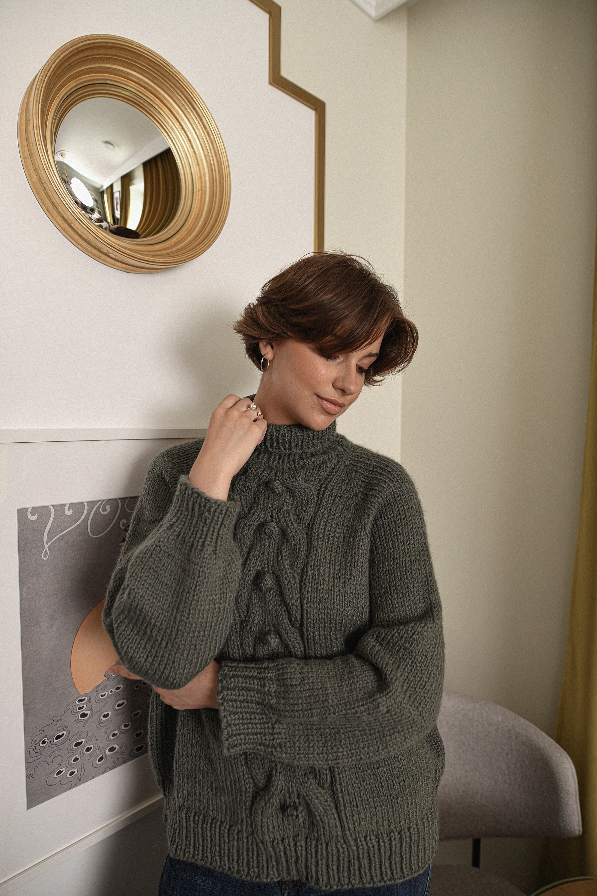 Moss Green Relaxed Fit Alpaca Sweater, Chunky Turtleneck Olive Green Wool Sweater, Cable Knit Women Pullover, Knitted Jumper With High Neck