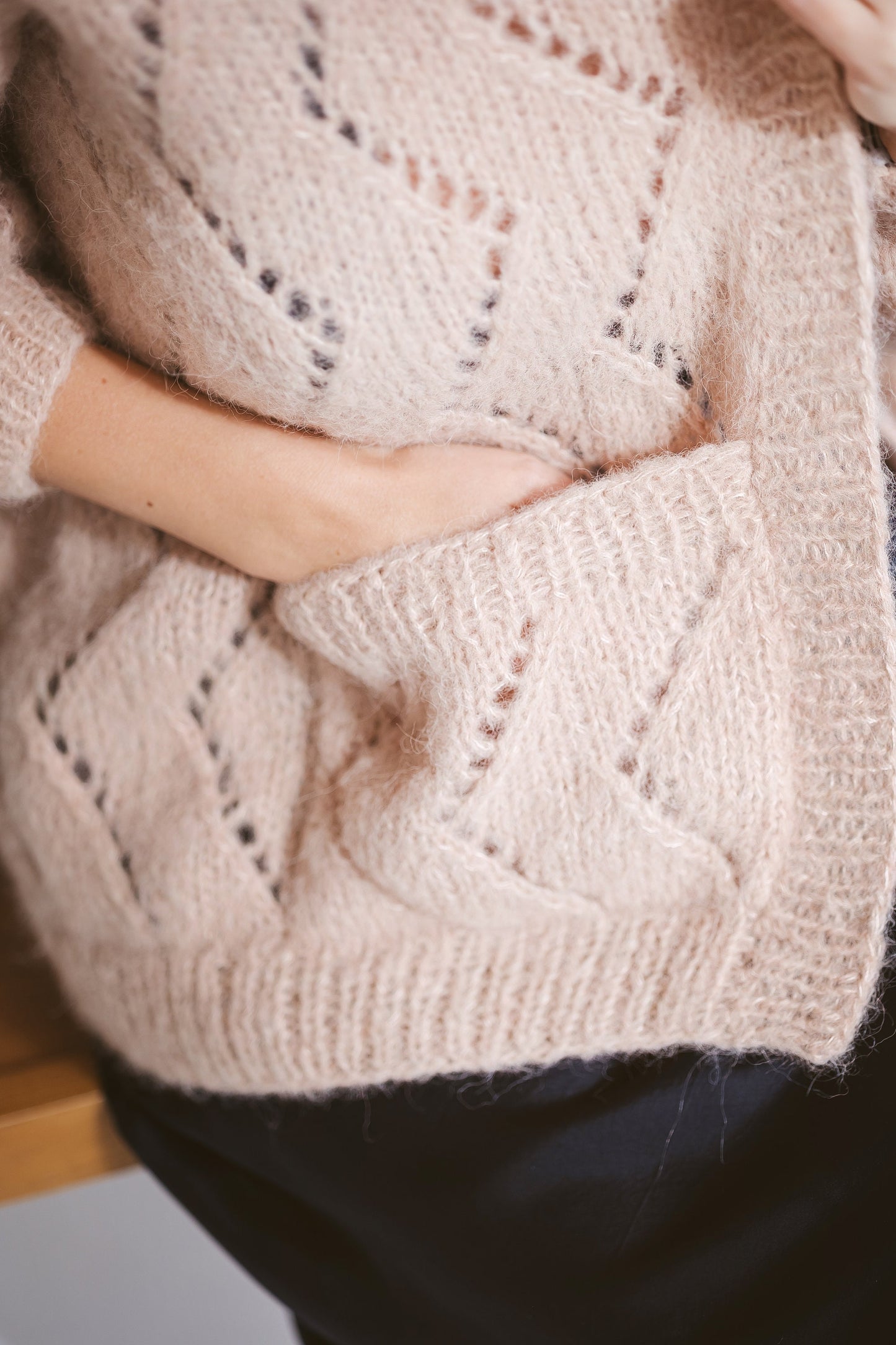 Pink cable knit alpaca cardigan with deep pockets, open front knitted oversize sweater, balloon sleeves, pastel lightweight loose cardigan