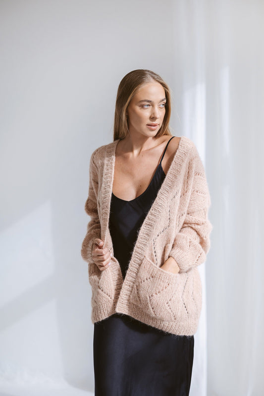 Pink cable knit alpaca cardigan with deep pockets, open front knitted oversize sweater, balloon sleeves, pastel lightweight loose cardigan