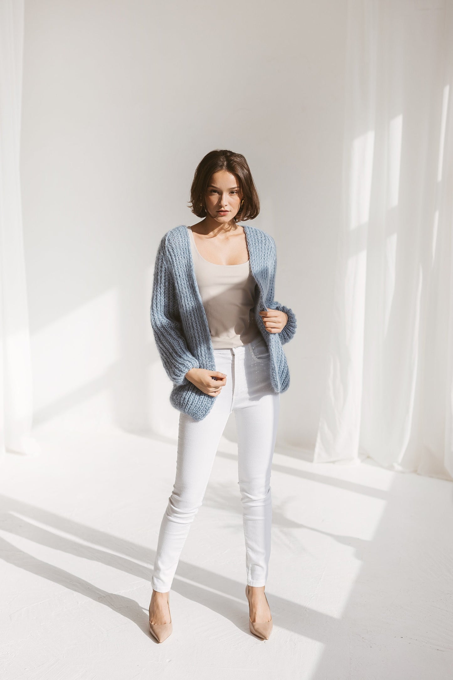 Light blue cable knit mohair cardigan, oversized sky blue sweater, chunky knit alpaca cardigan, open front loos knit cardigan, strickjacke