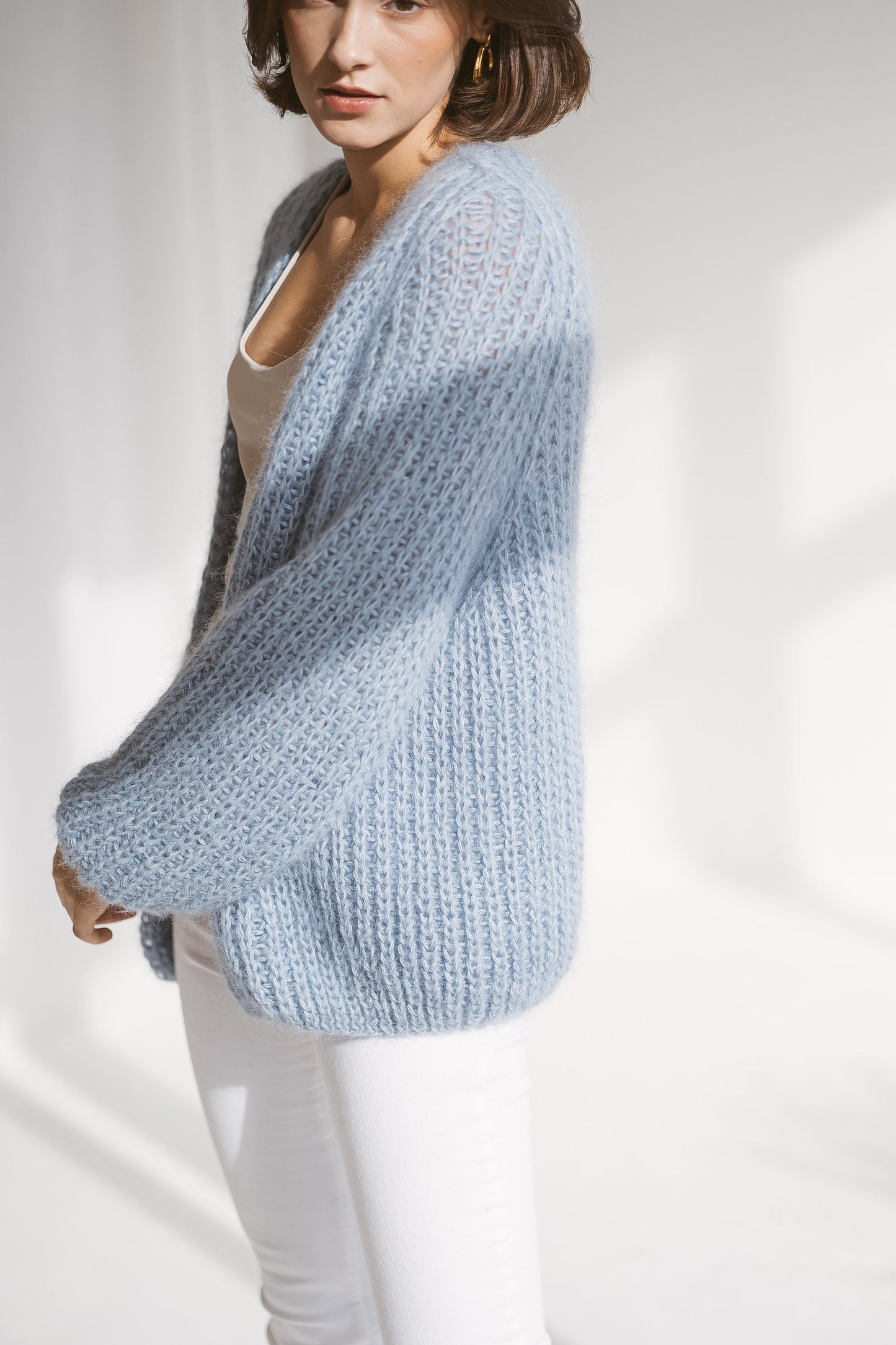 Light blue cable knit mohair cardigan, oversized sky blue sweater, chunky knit alpaca cardigan, open front loos knit cardigan, strickjacke