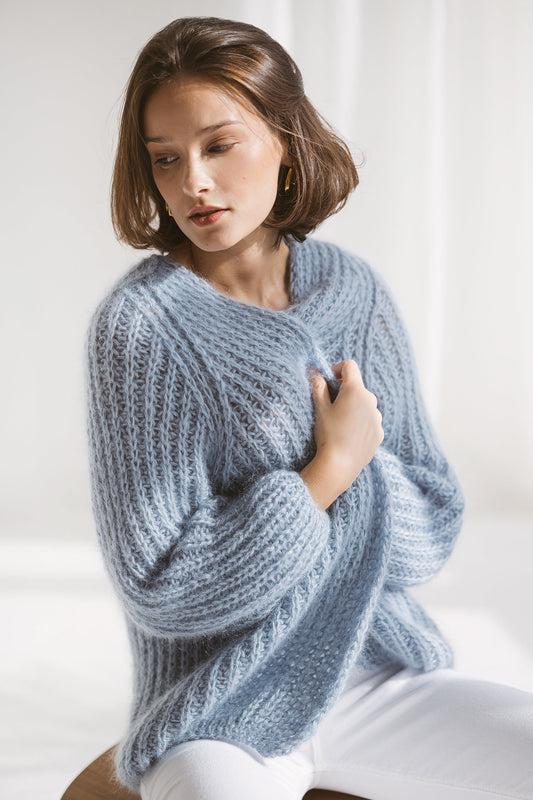 Light blue cable knit mohair cardigan, oversized sky blue sweater, chunky knit alpaca cardigan, open front loos knit cardigan, strickjacke