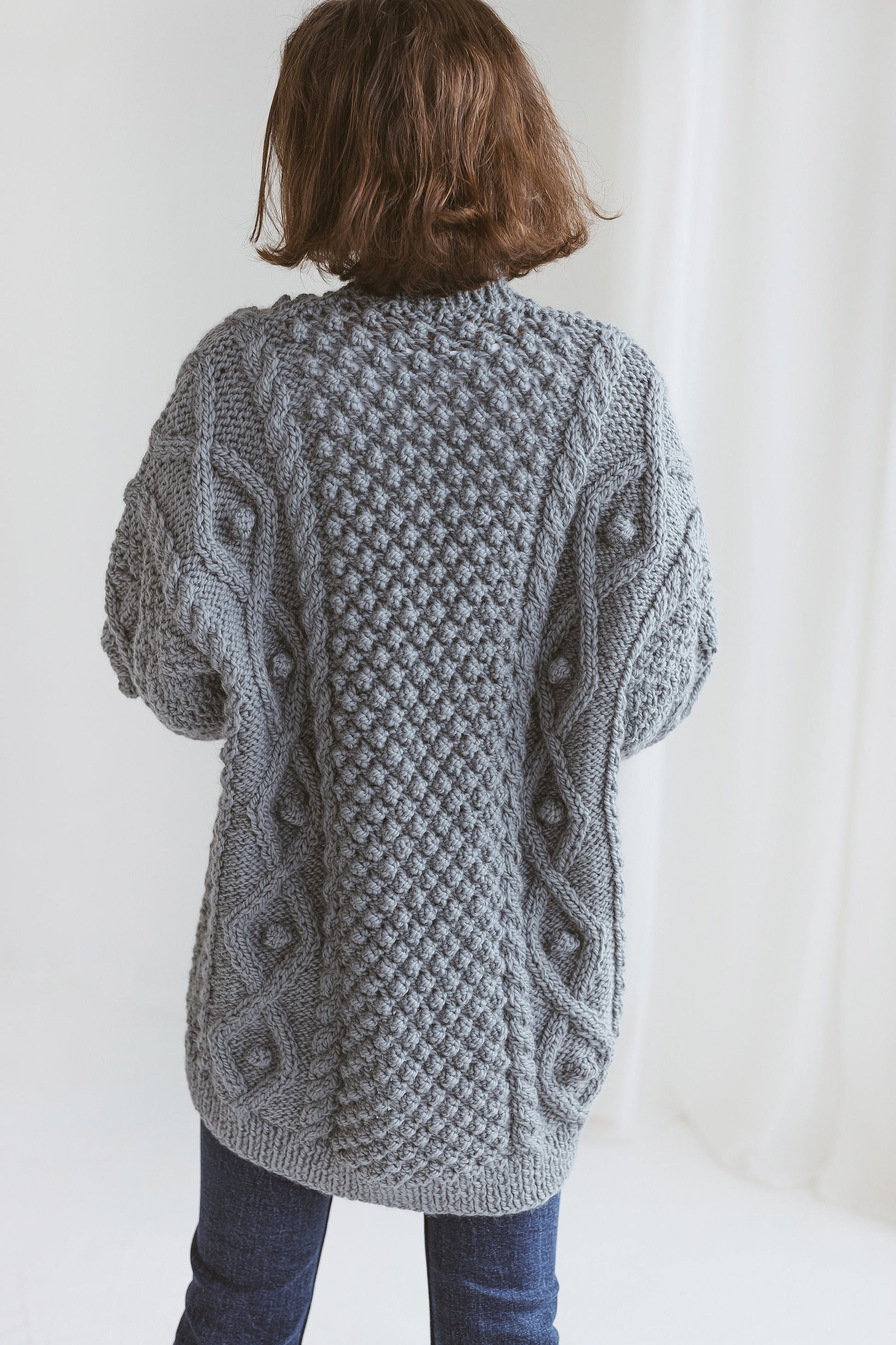 Gray super chunky knit alpaca wool cardigan with buttons, Irish cable knitted grey oversized women&#39;s sweater, thick jacket with braids, gift