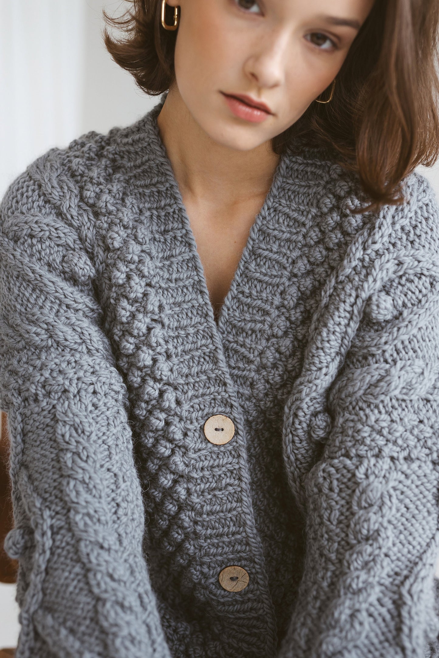 Gray super chunky knit alpaca wool cardigan with buttons, Irish cable knitted grey oversized women&#39;s sweater, thick jacket with braids, gift