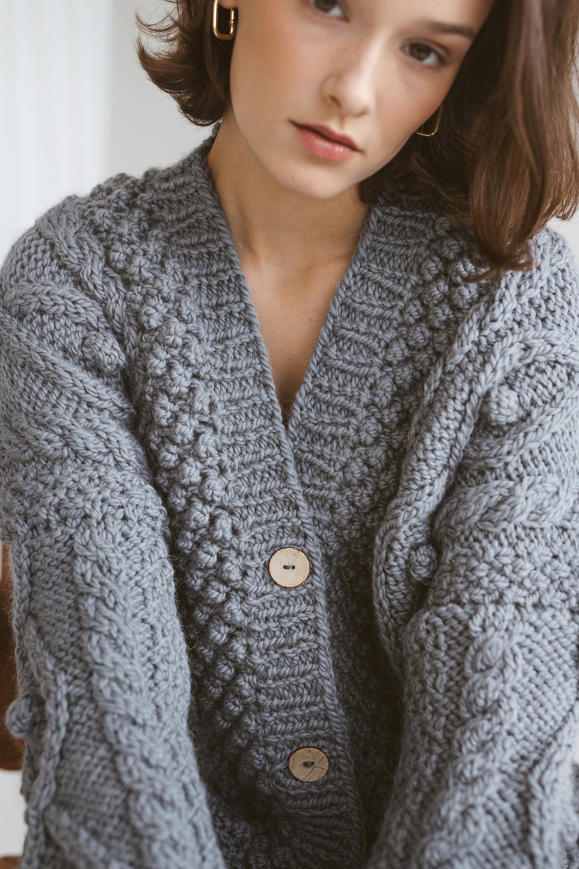 Gray super chunky knit alpaca wool cardigan with buttons, Irish cable knitted grey oversized women&#39;s sweater, thick jacket with braids, gift